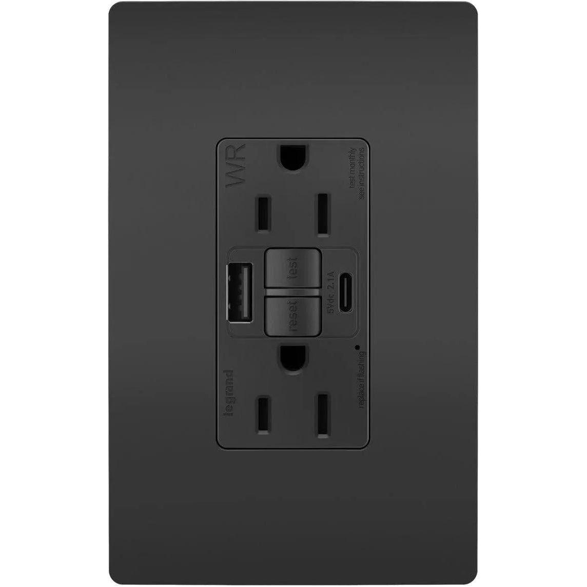 Legrand Radiant - radiant® 15A Tamper Resistant Outdoor Self Test GFCI USB Type A/C Outlet - 1597TRWRUSBACBK - Canada Light Shop