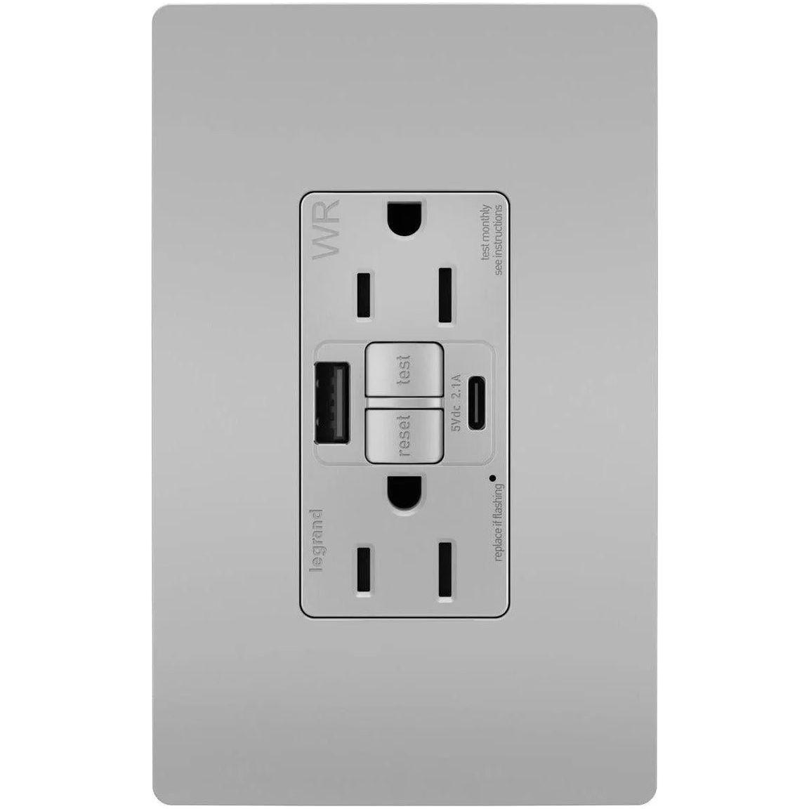 Legrand Radiant - radiant® 15A Tamper Resistant Outdoor Self Test GFCI USB Type A/C Outlet - 1597TRWRUSBACGRY - Canada Light Shop