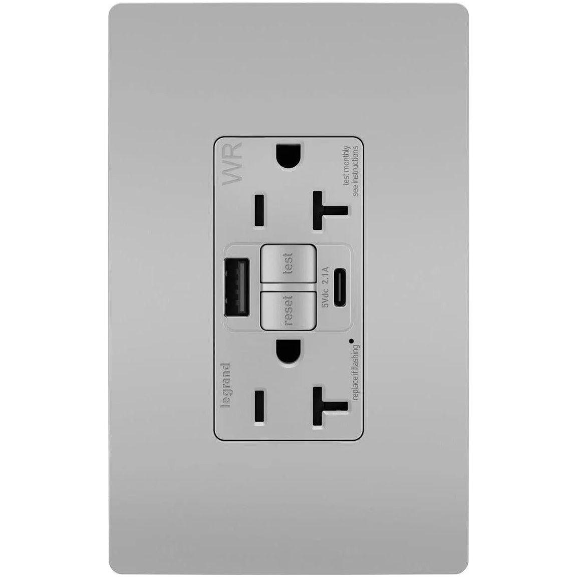Legrand Radiant - radiant® 20A Tamper Resistant Outdoor Self Test GFCI USB Type A/C Outlet - 2097TRWRUSBACGRY - Canada Light Shop