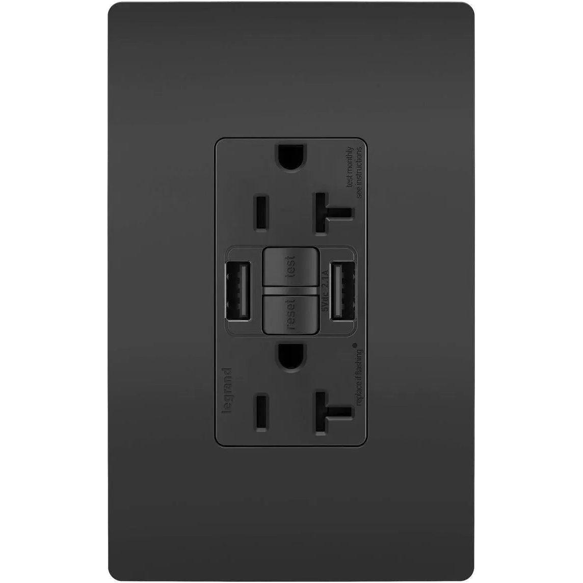 Legrand Radiant - radiant® 20A Tamper Resistant Self Test GFCI USB Type A/A Outlet - 2097TRUSBAABK - Canada Light Shop
