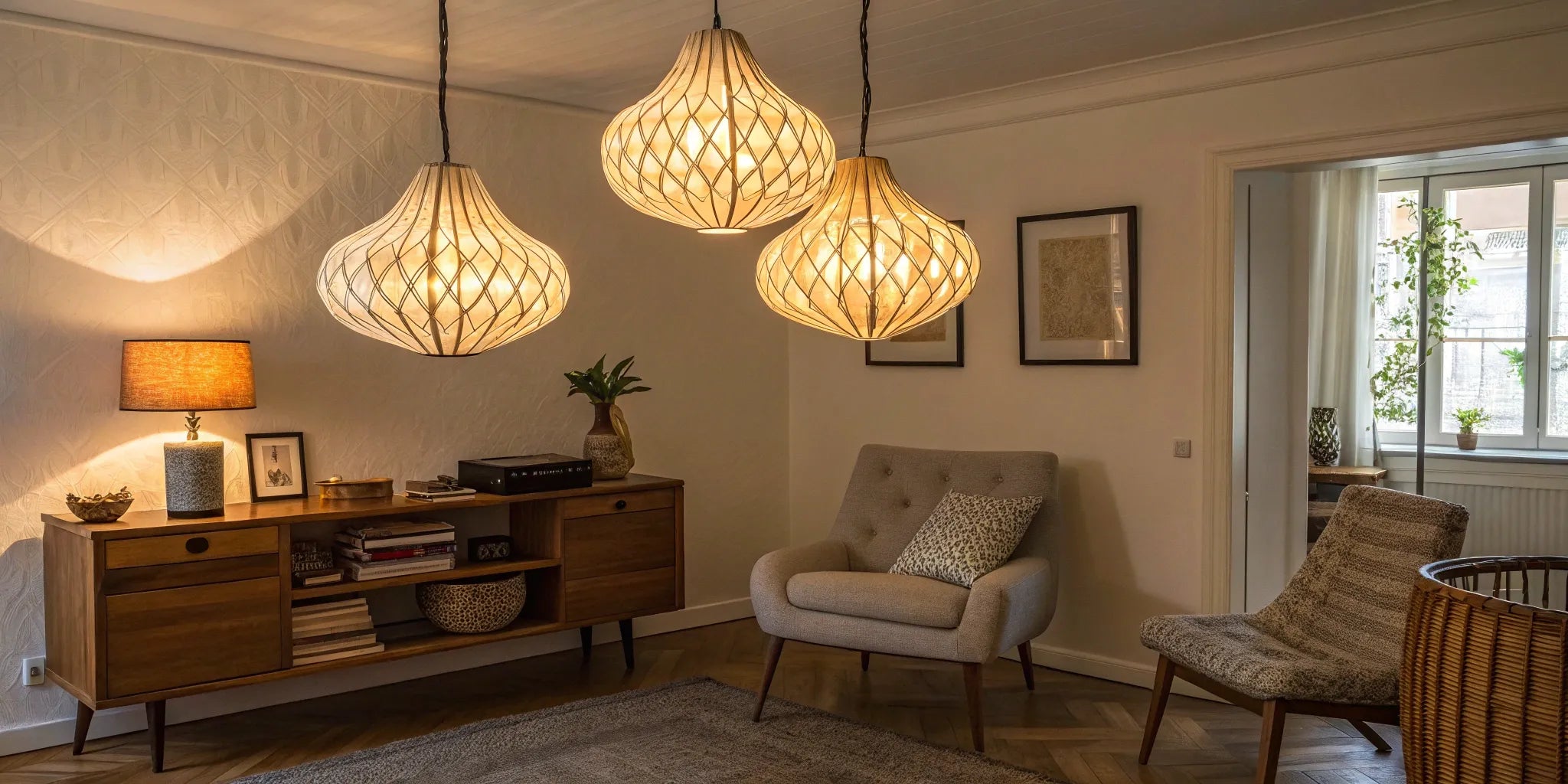 Three battery hanging lamps create a warm, no-wire style in a modern living room.