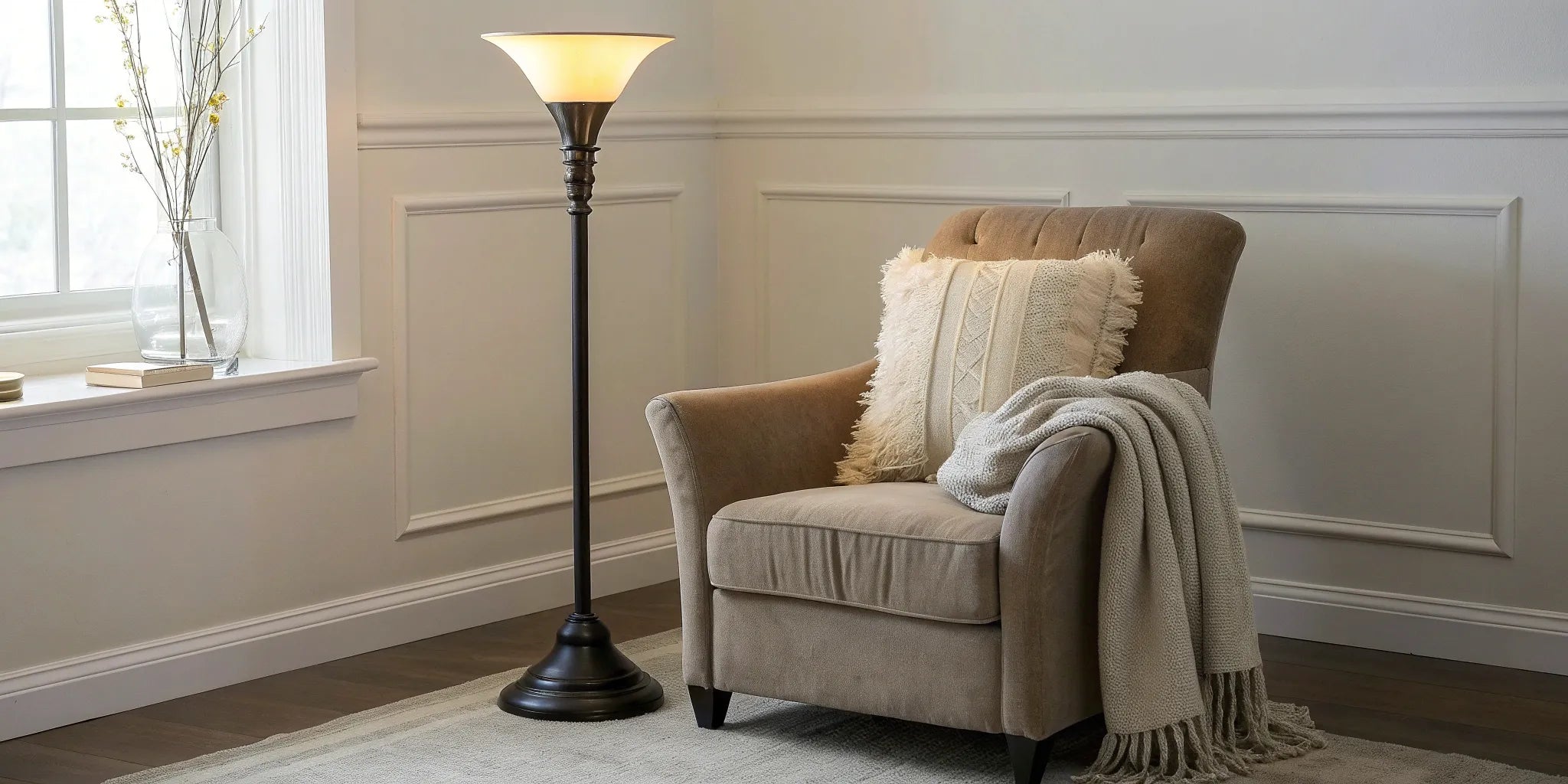 A battery operated floor lamp next to a modern armchair in a cozy reading nook.