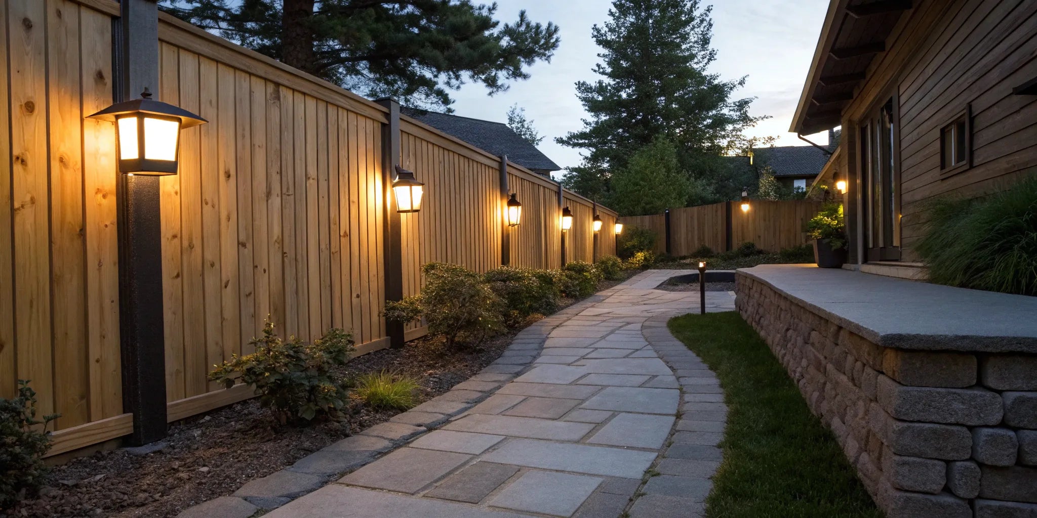 Battery operated outdoor motion sensor lights on a wooden fence along a garden pathway.