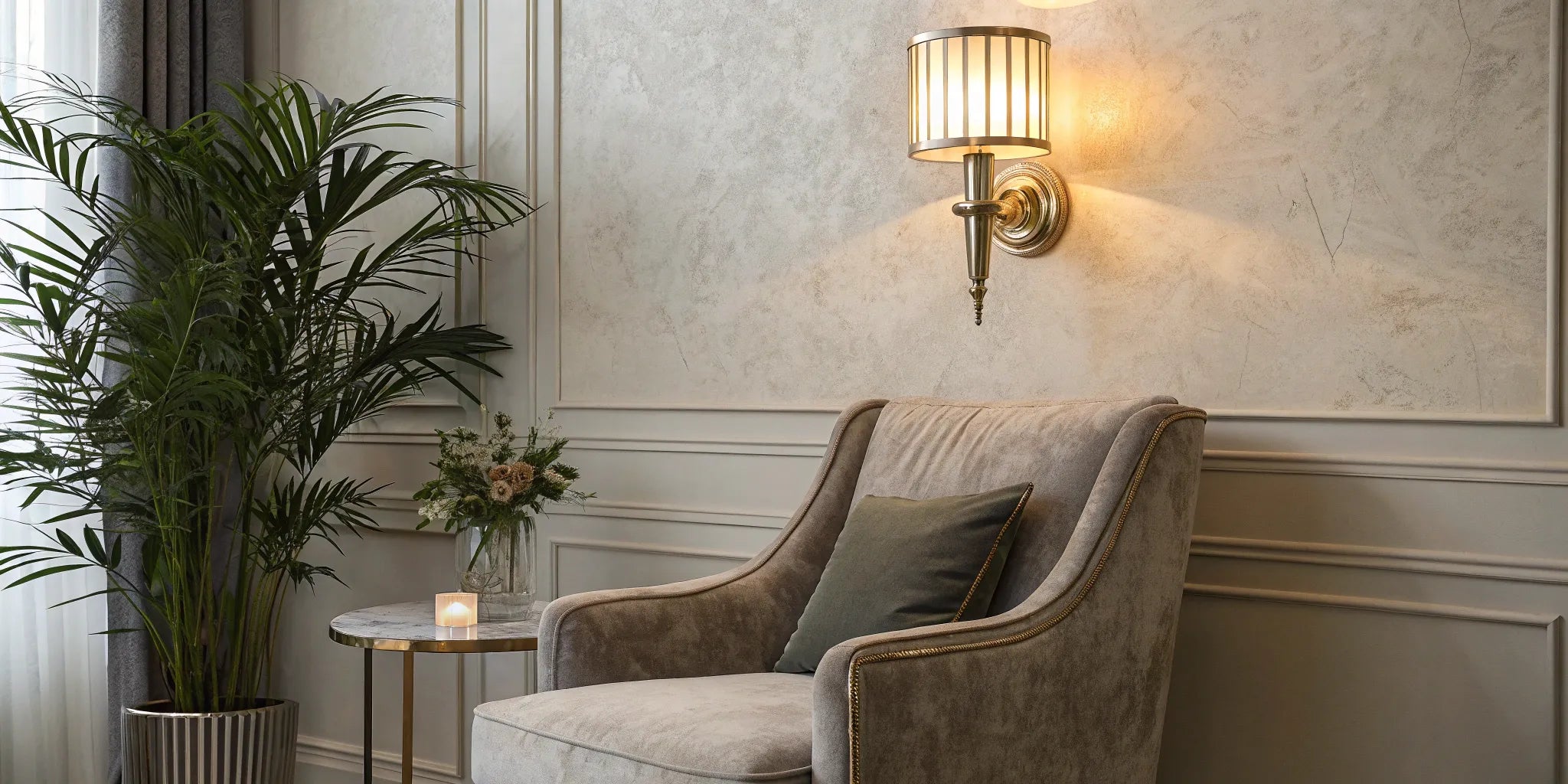 A modern battery operated wall light fixture mounted above an armchair.