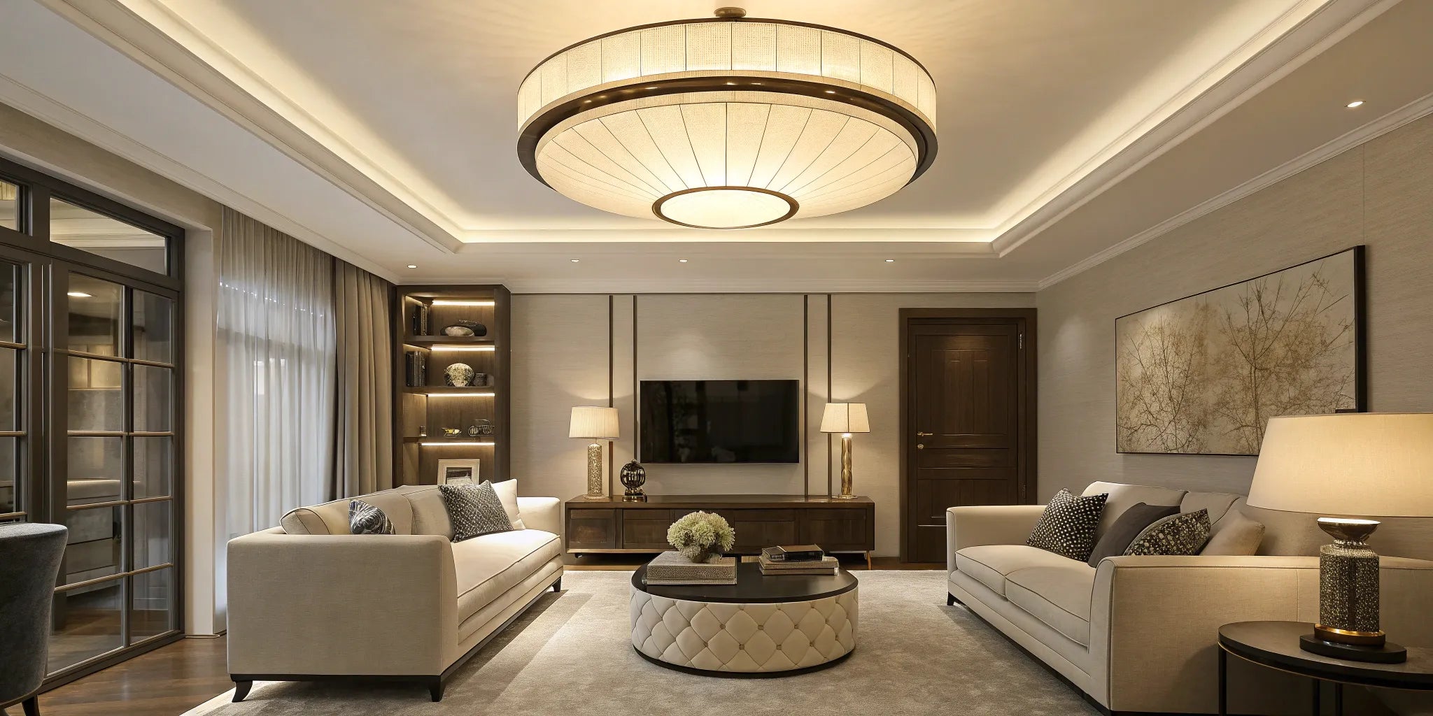A large battery powered ceiling light installed in a modern and stylish living room.