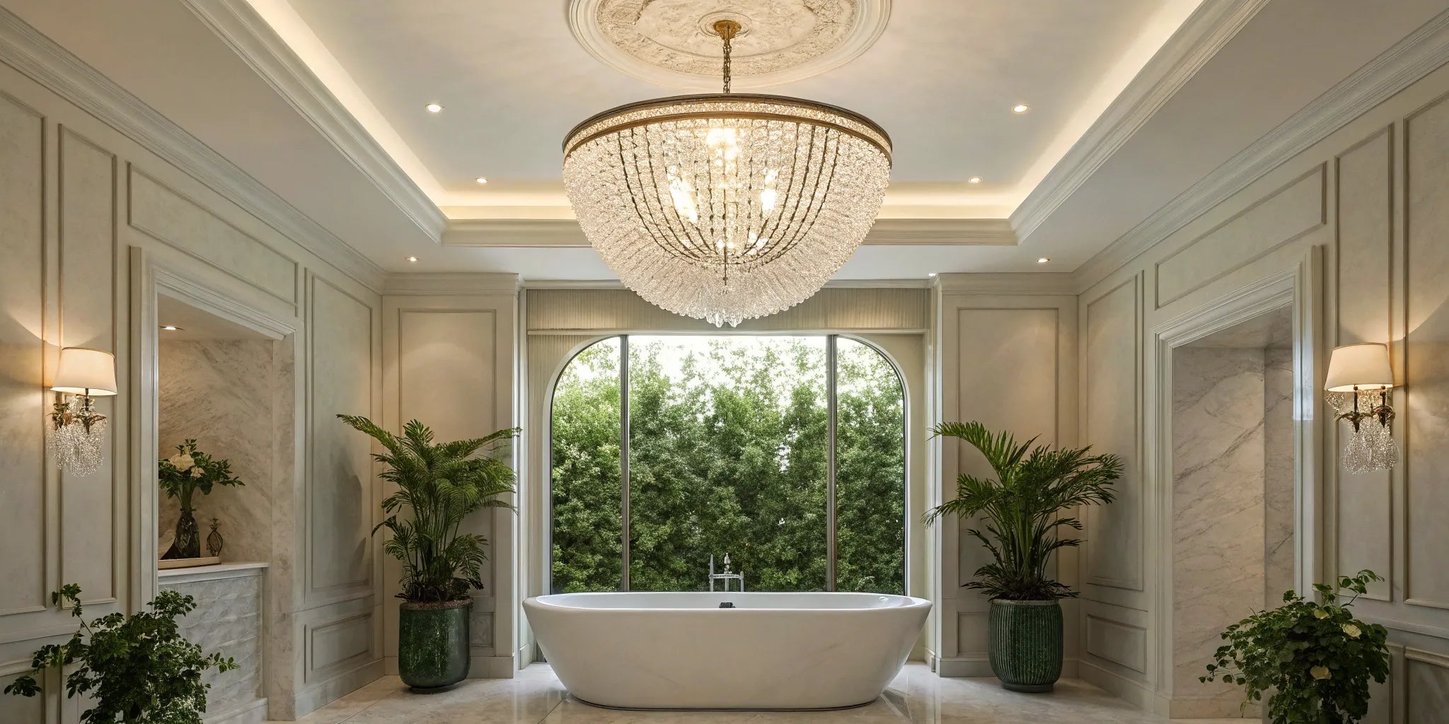 Elegant chandelier brightens a luxurious bathroom.
