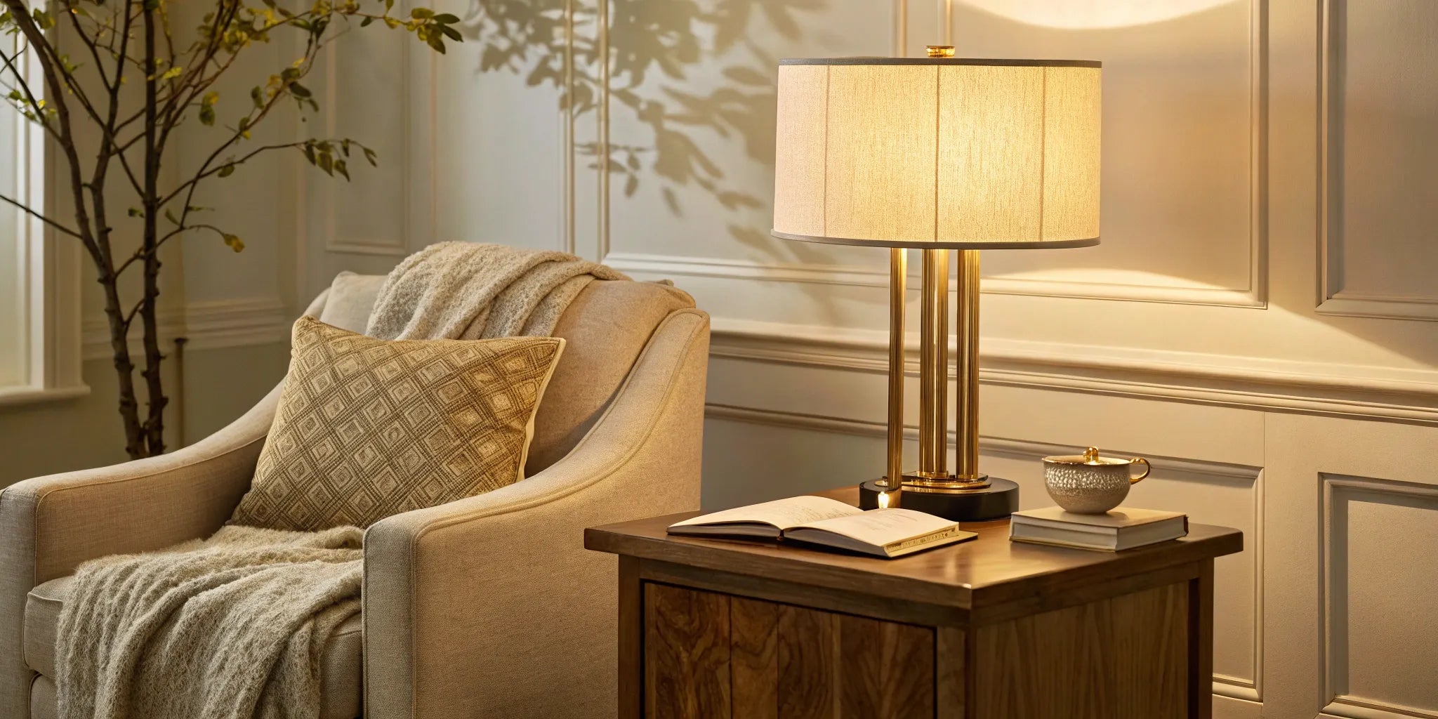 A glowing battery charged table lamp on a side table next to an armchair.