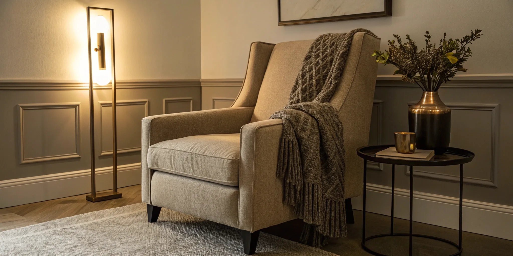 A battery light for the wall provides accent lighting above an armchair in a modern living room.