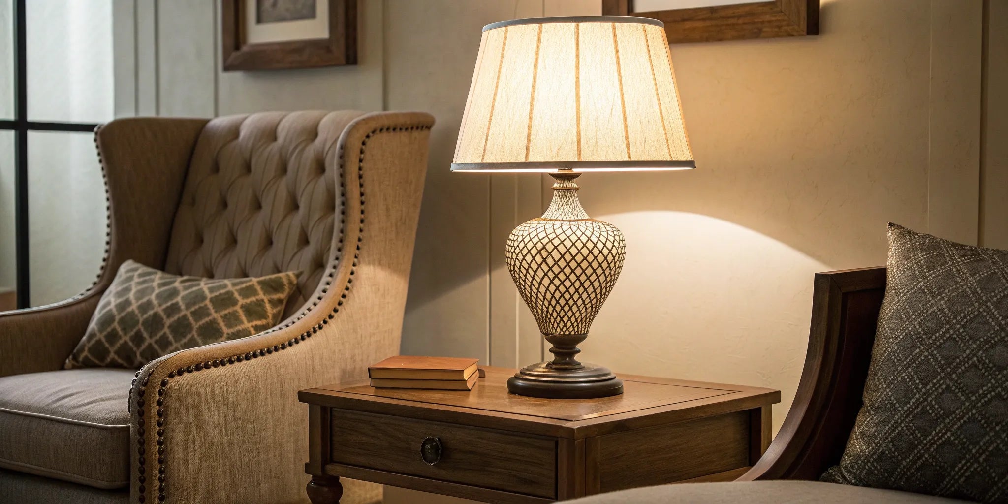 A battery operated table lamp on a side table in a cozy living room.
