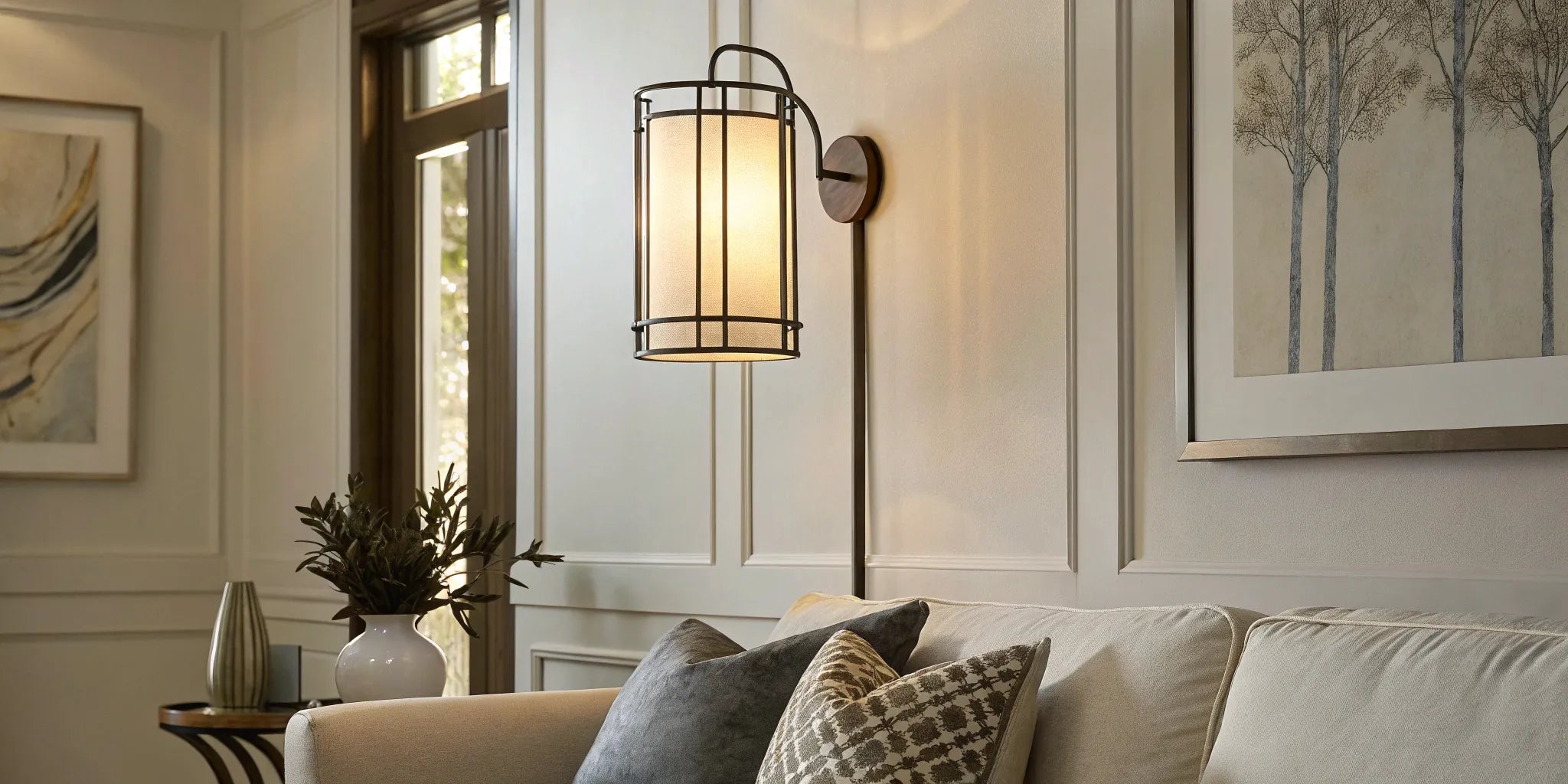 Modern battery operated wall light fixture mounted above a sofa in a living room.