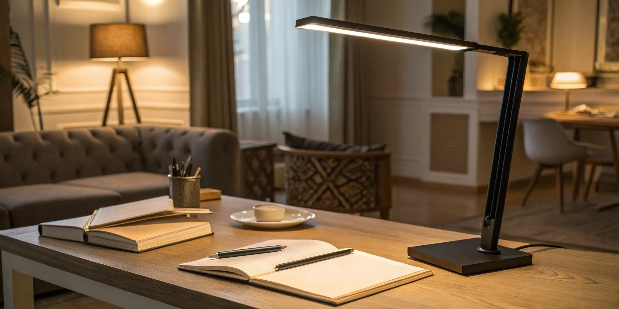 Modern battery powered desk lamp on a wooden desk with a notebook.