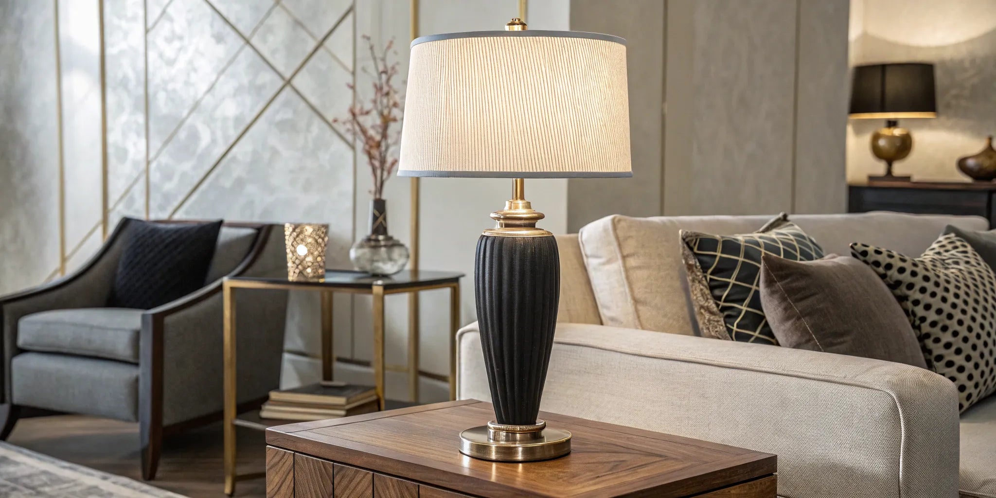 A stylish battery powered lamp on a side table in a modern living room.