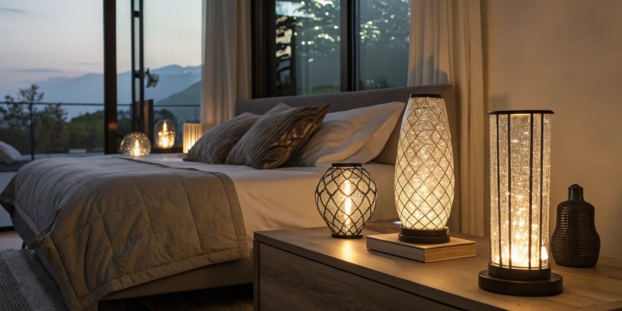 A modern, battery powered night lamp glowing softly on a bedside table.