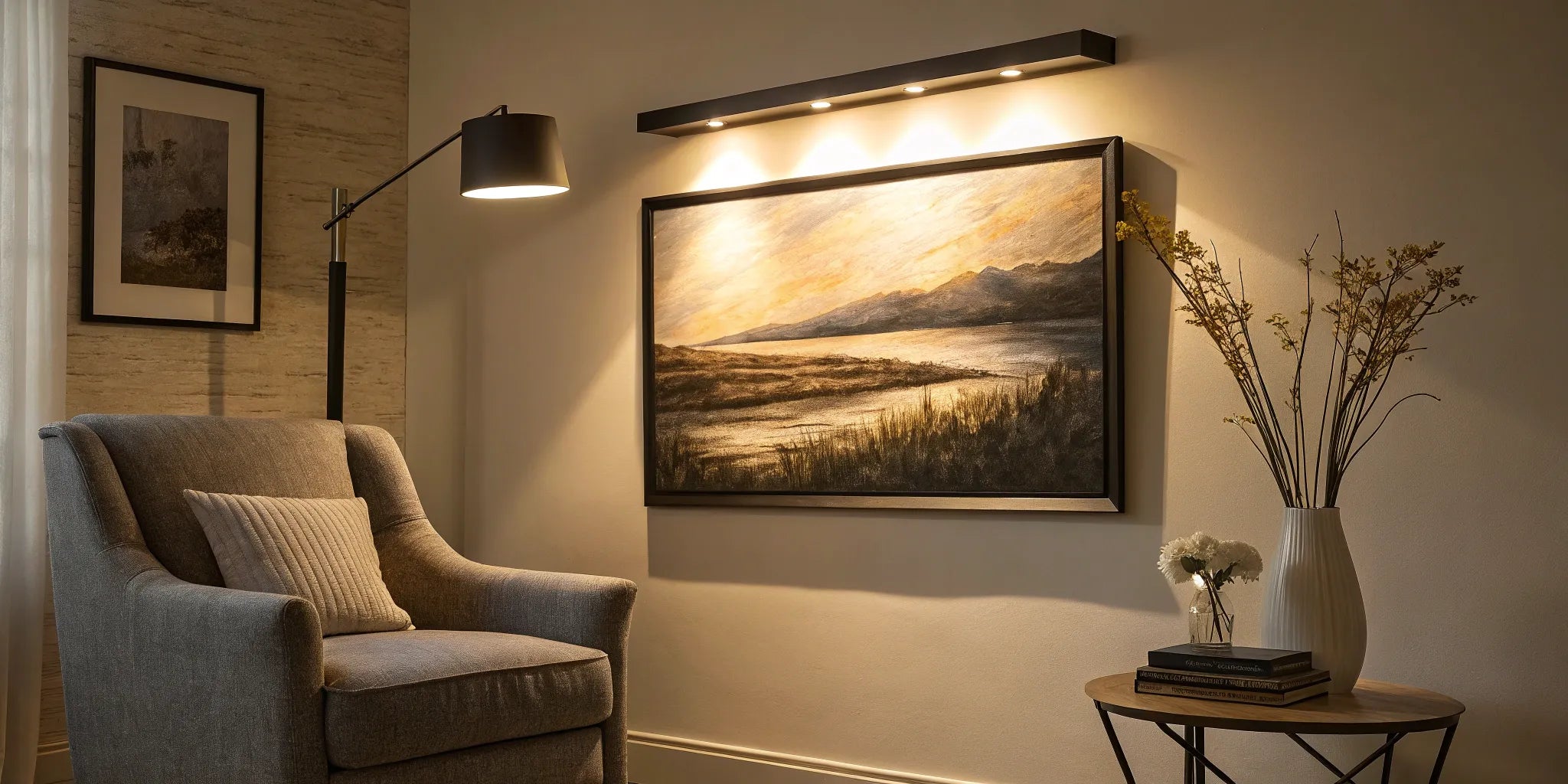 A battery powered picture light illuminating wall art in a cozy living room.