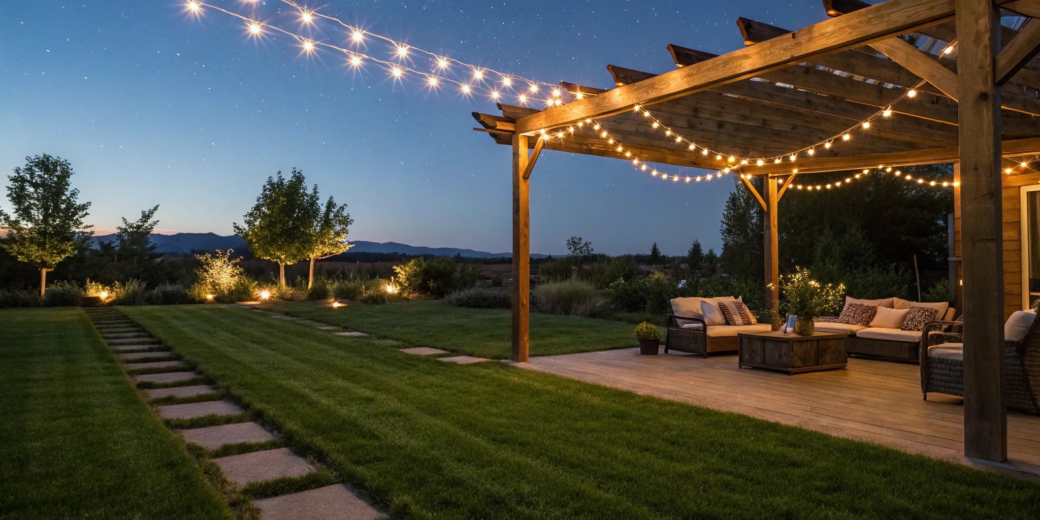 Outdoor solar rope lights brighten a backyard patio.