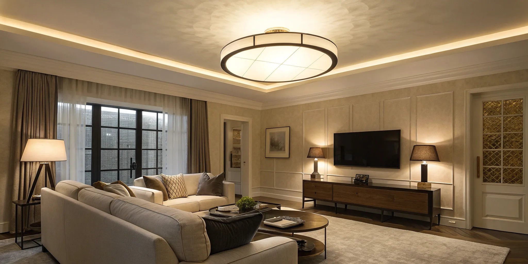 A stylish battery ceiling light provides warm, ambient light in a modern living room.