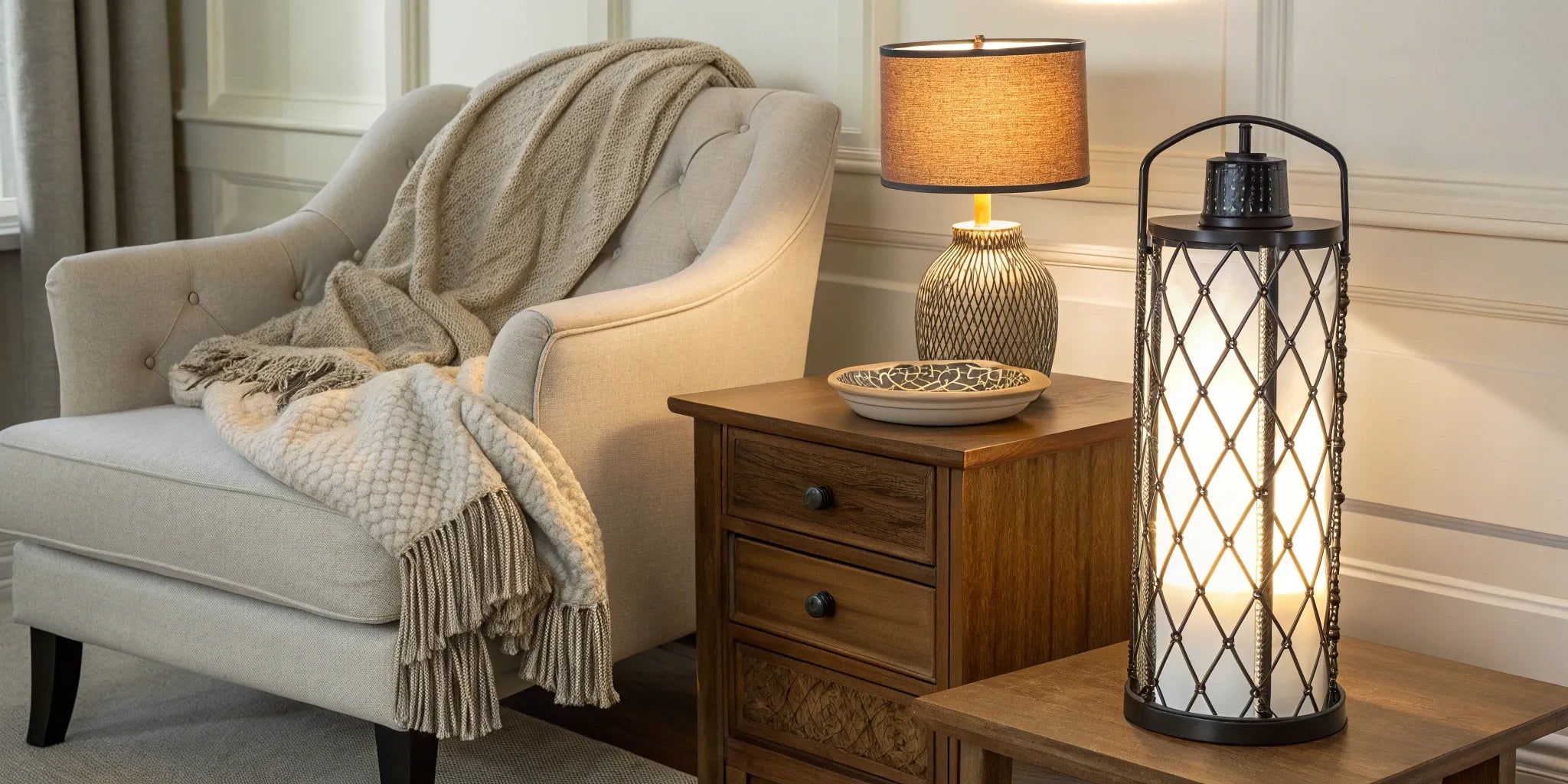 A stylish battery operated portable lamp on a side table next to a cozy armchair.