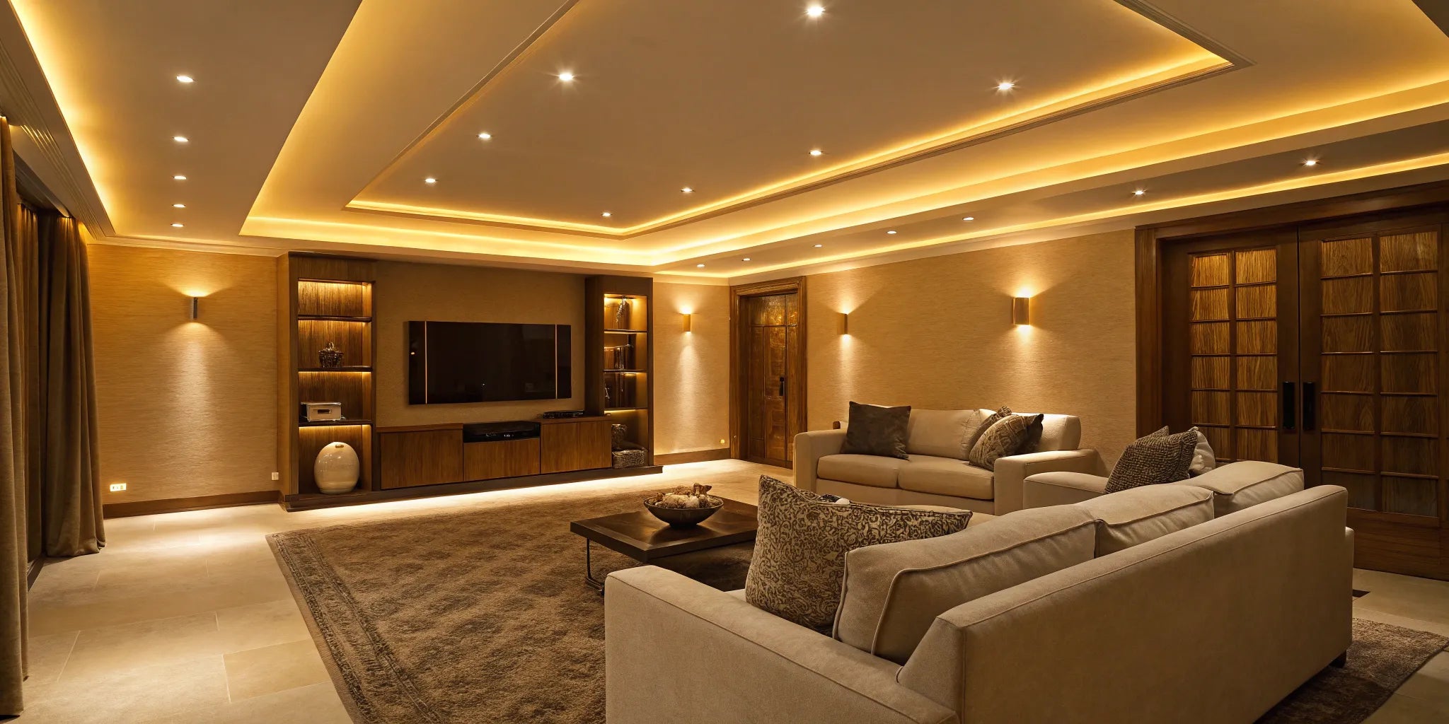 Adjustable recessed lights illuminate a modern living room.