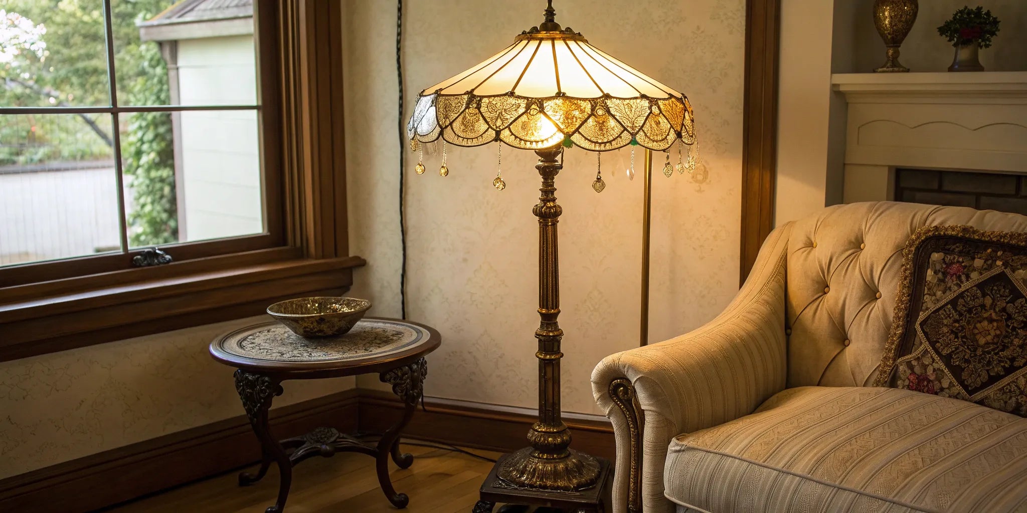 Antique floor lamp with ornate shade.