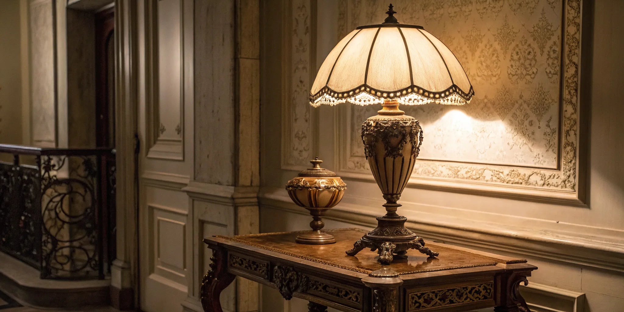 Antique lamp on ornate table.