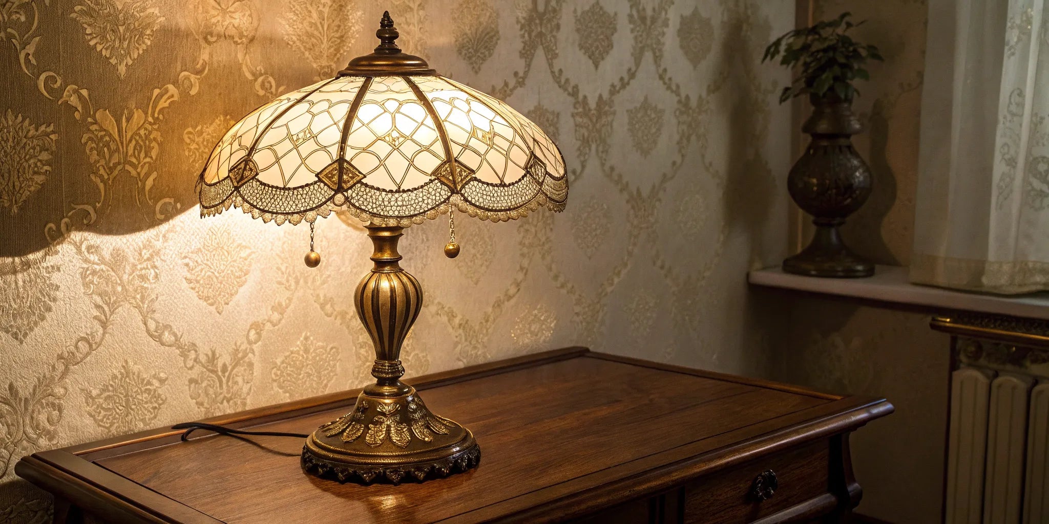 Antique brass table lamp with stained glass shade.