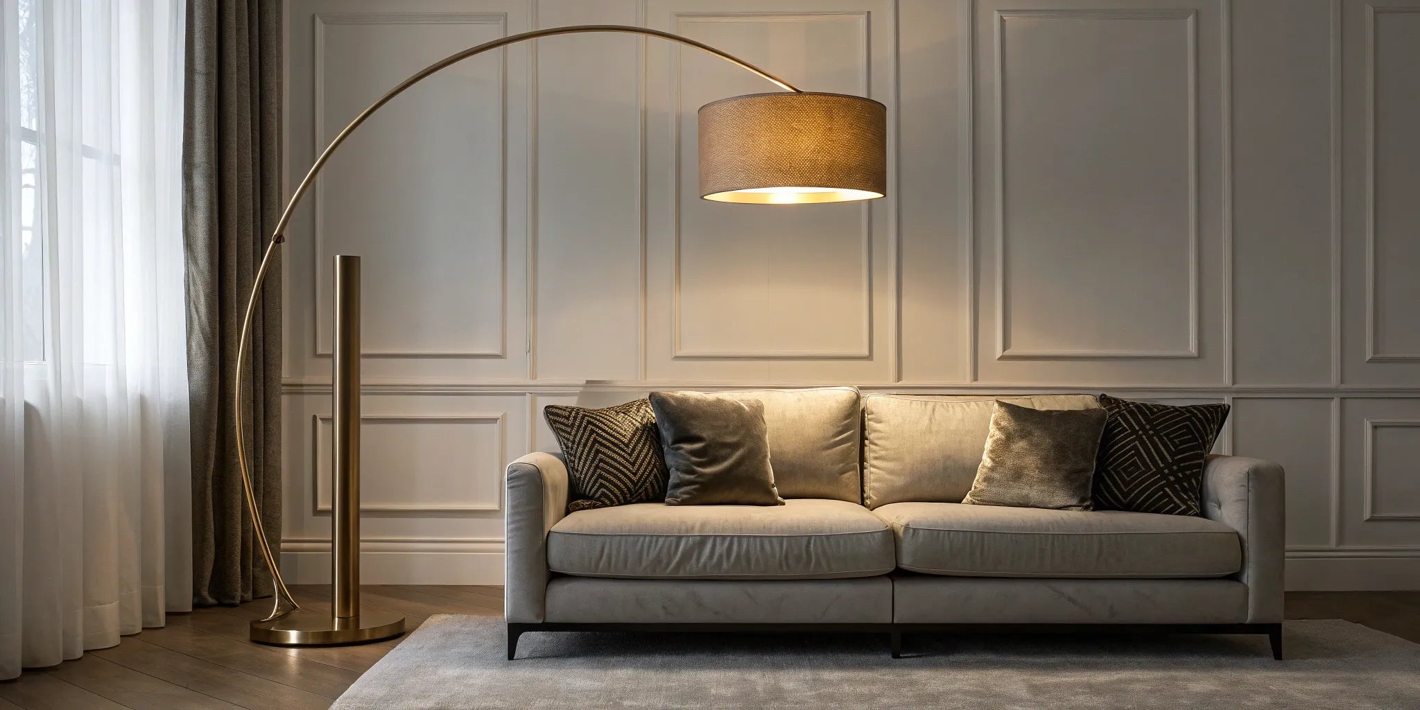 Gold arc floor lamp illuminating a living room.