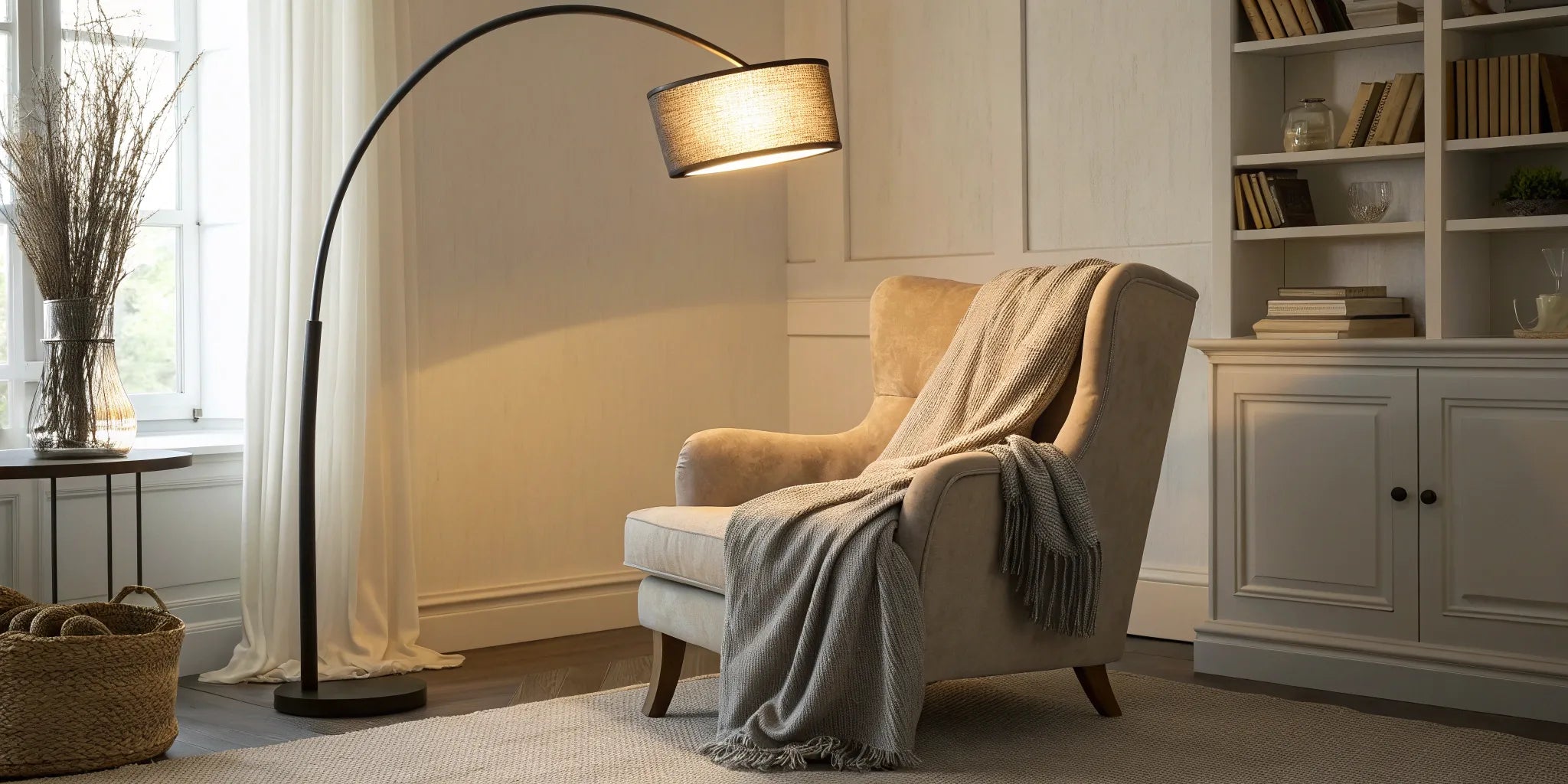 Stylish arch floor lamp illuminating a living room.