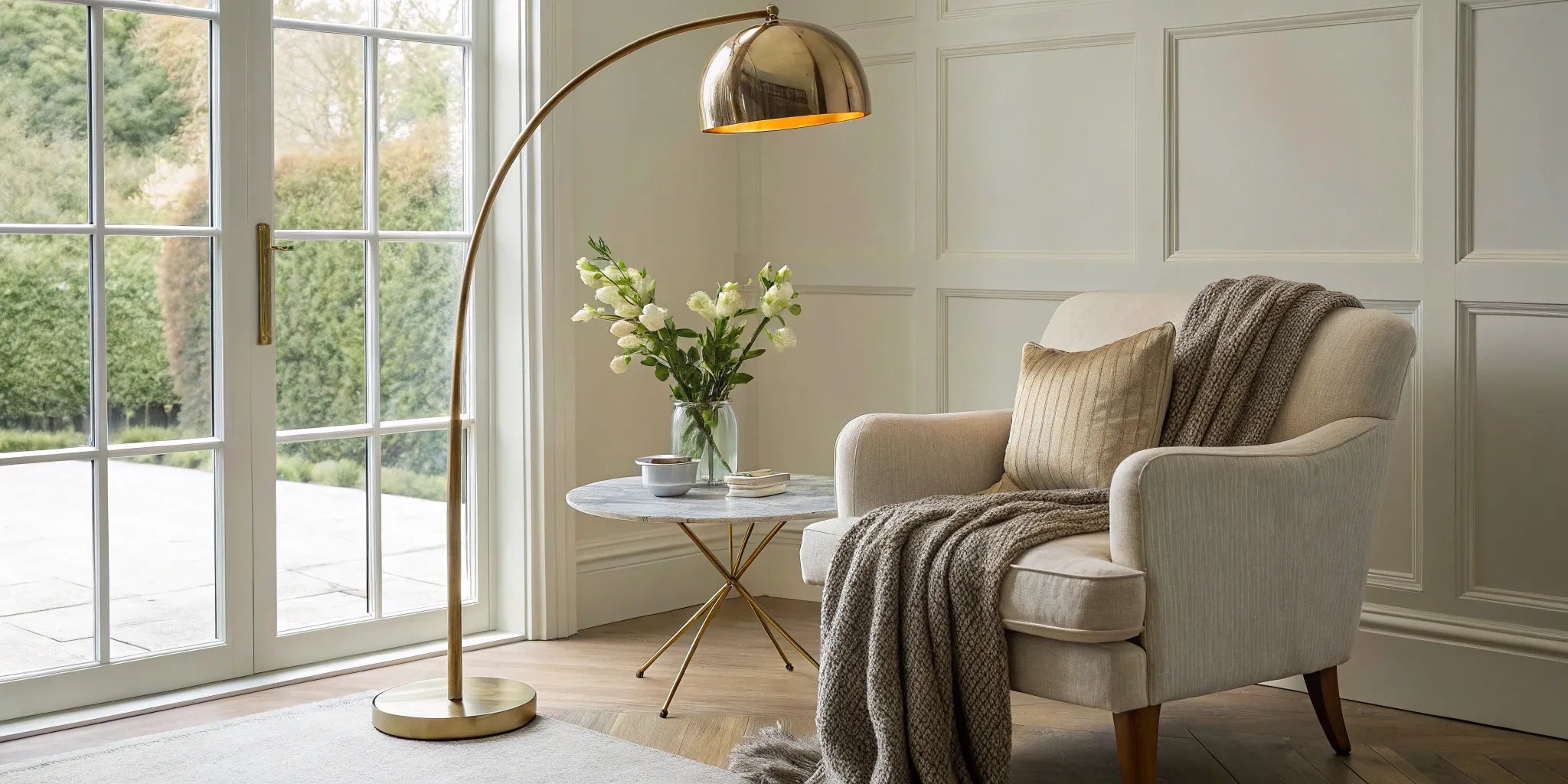 Arched floor lamp illuminating a living room corner.