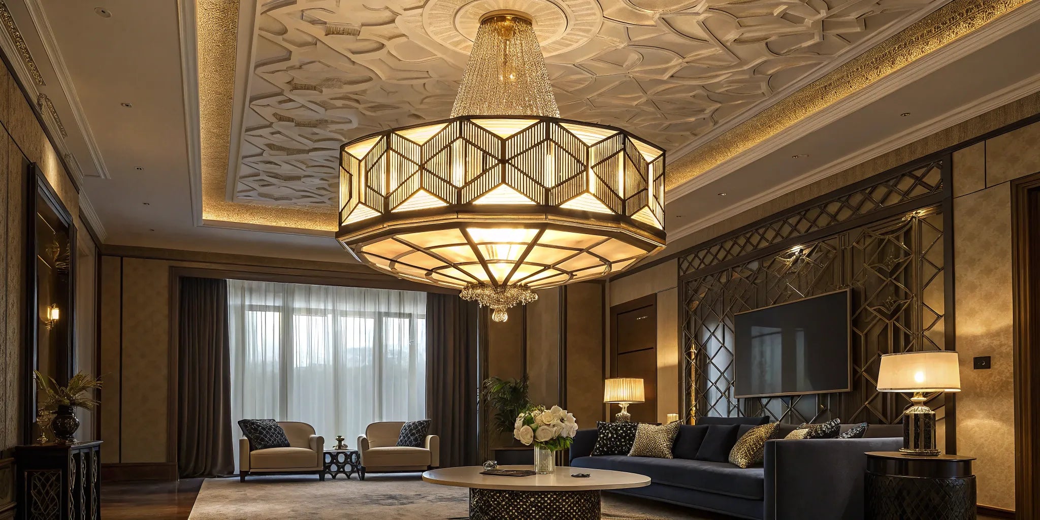 Art Deco chandelier with geometric shapes and bold lines.