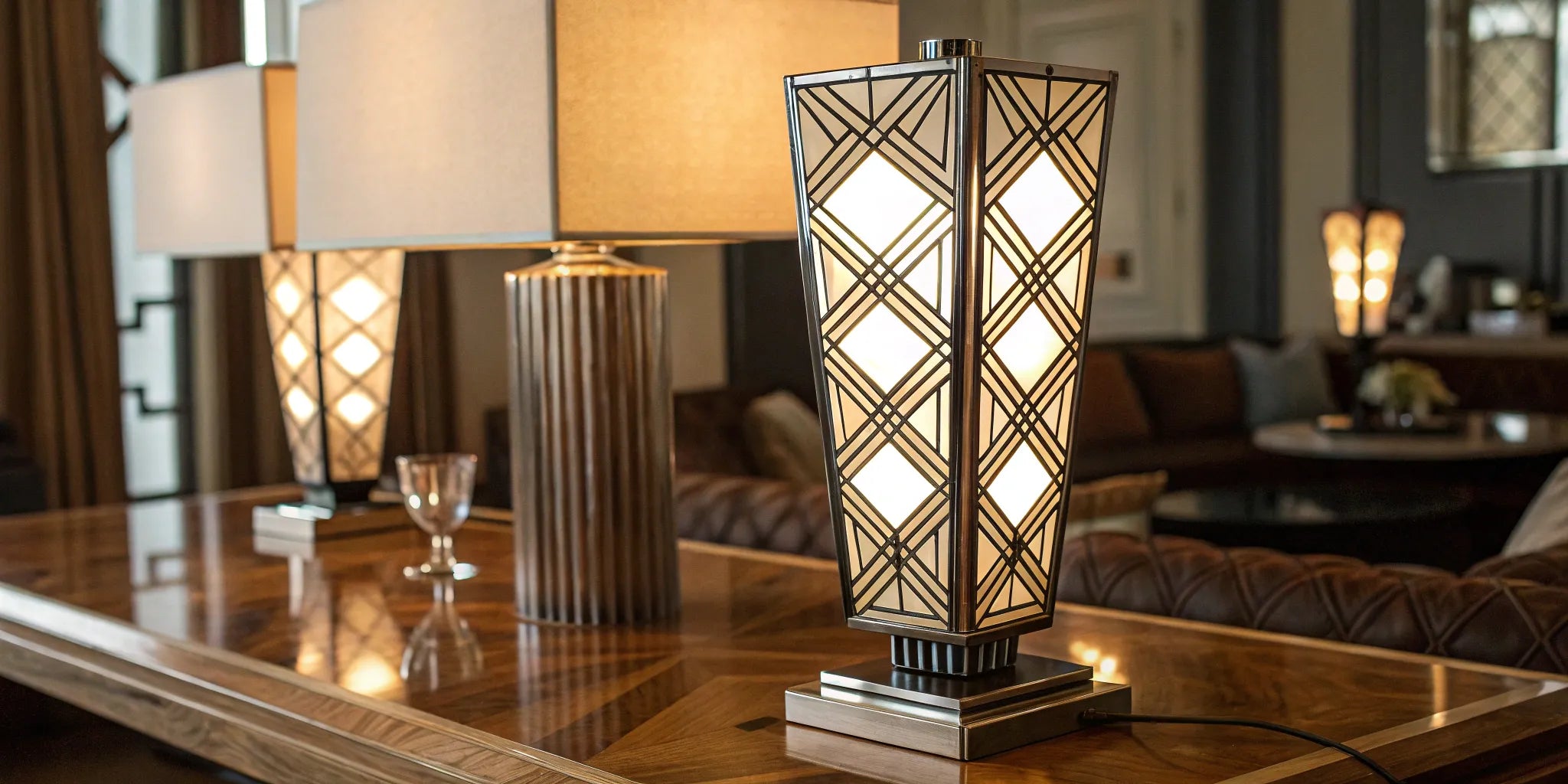 Art Deco table lamp with a geometric base and elegant shade.
