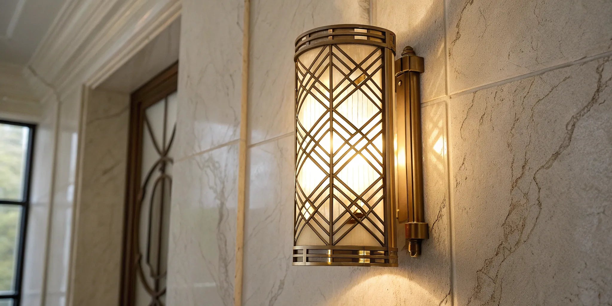 Art Deco wall sconce with geometric brass and frosted glass.