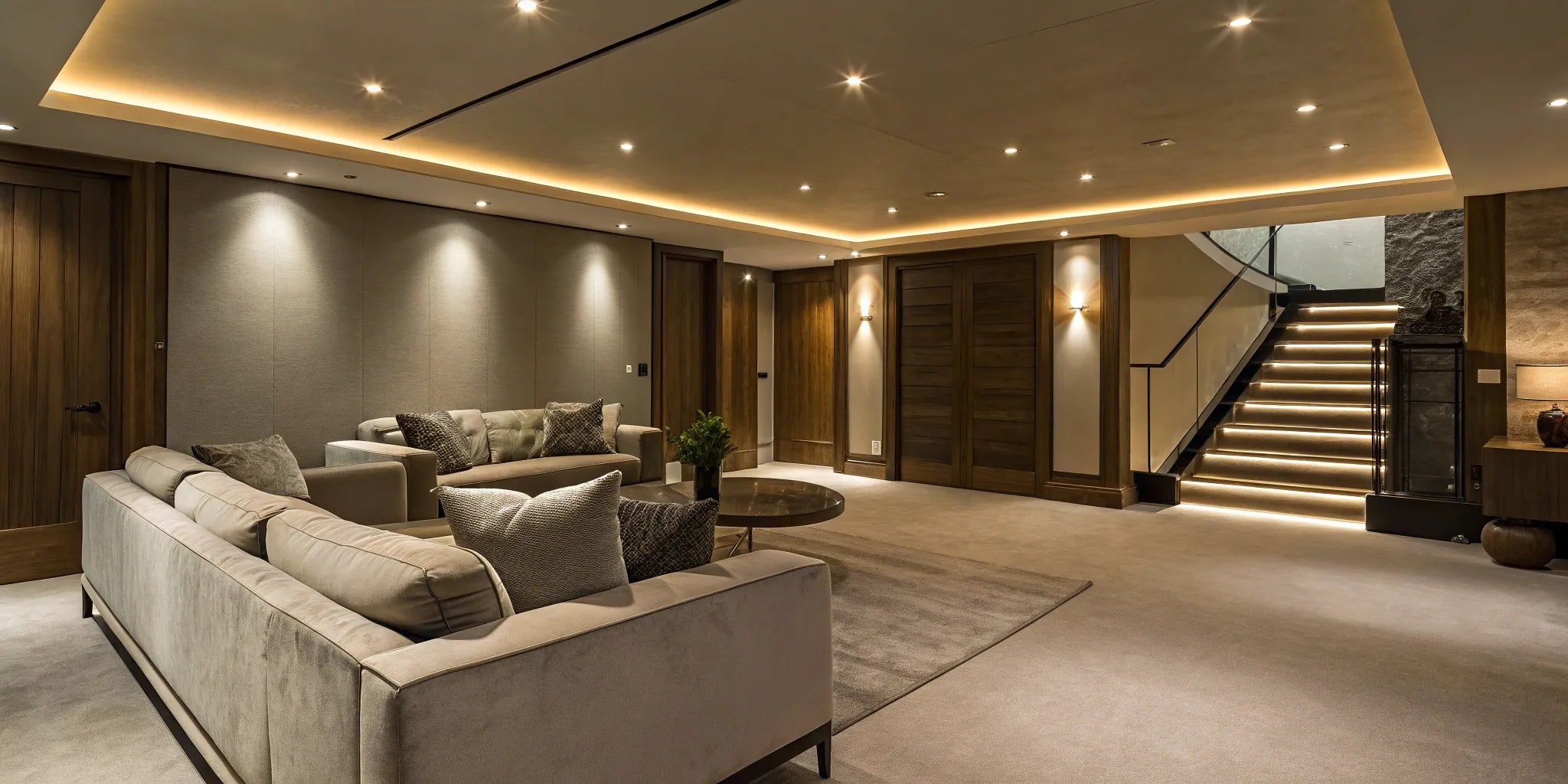 Recessed lighting illuminates a finished basement.