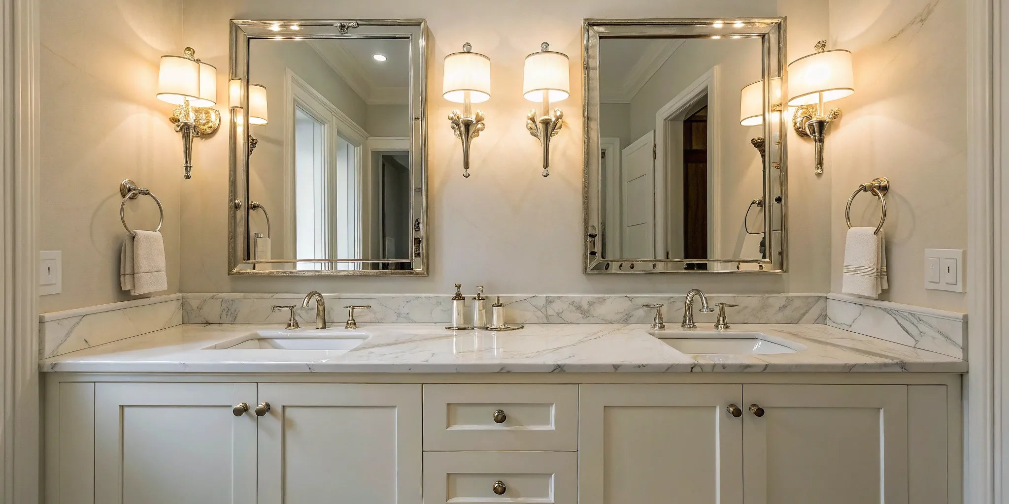 Bathroom vanity lights illuminate a marble countertop.