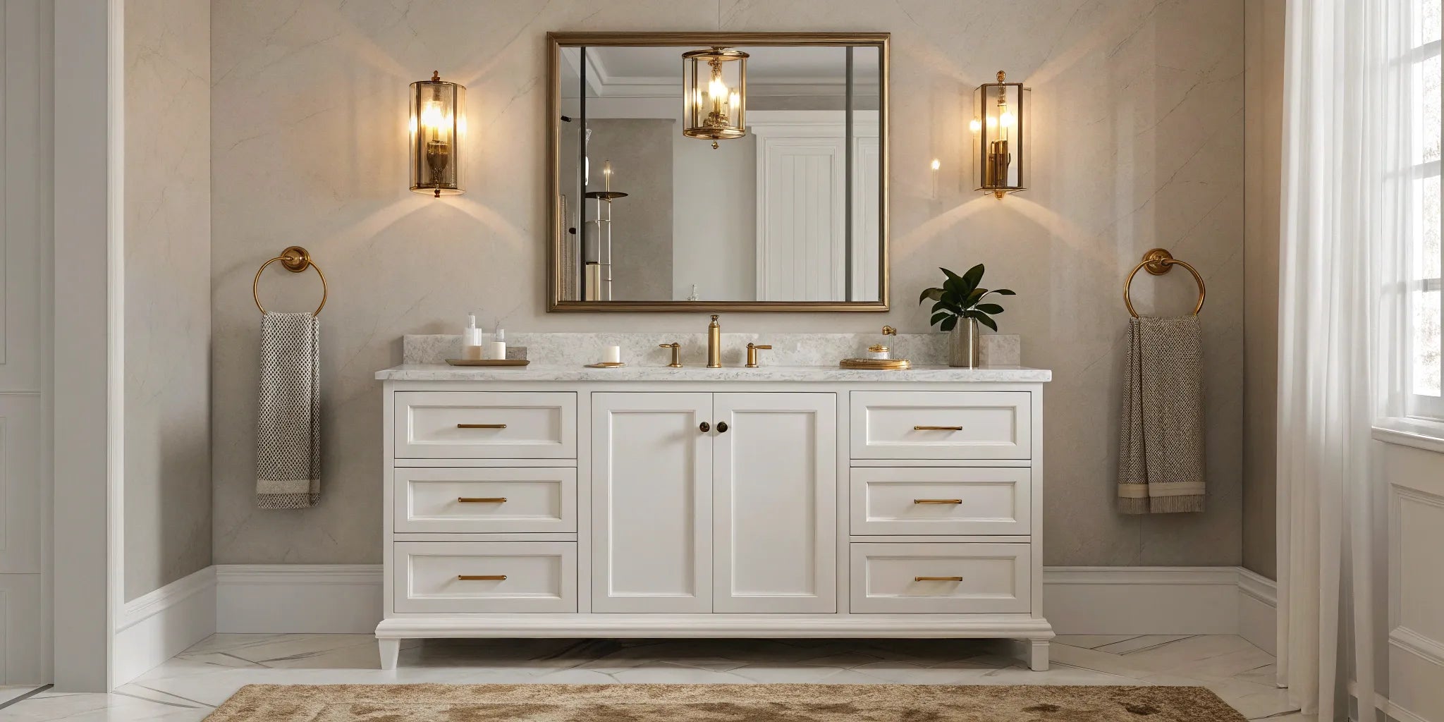 Gold vanity lights illuminate a marble bathroom countertop.