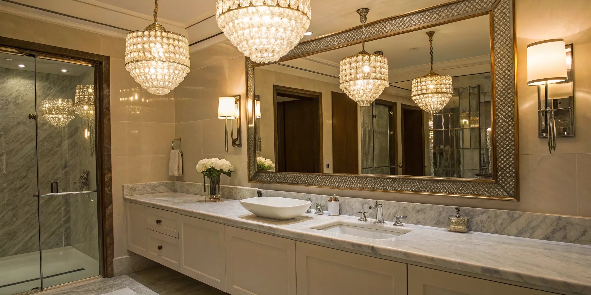 Bathroom vanity with bright sconces and chandeliers.