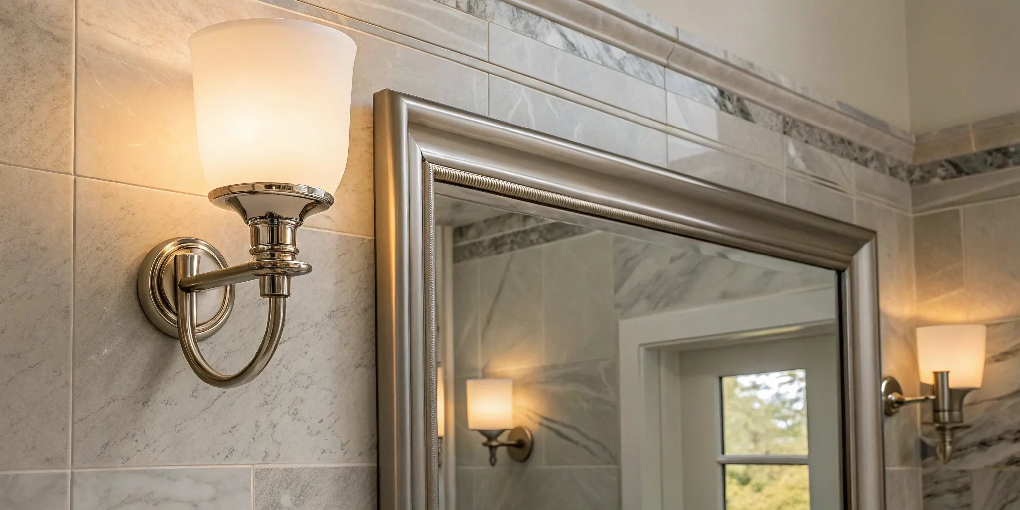 Bathroom wall lights brighten a modern space.