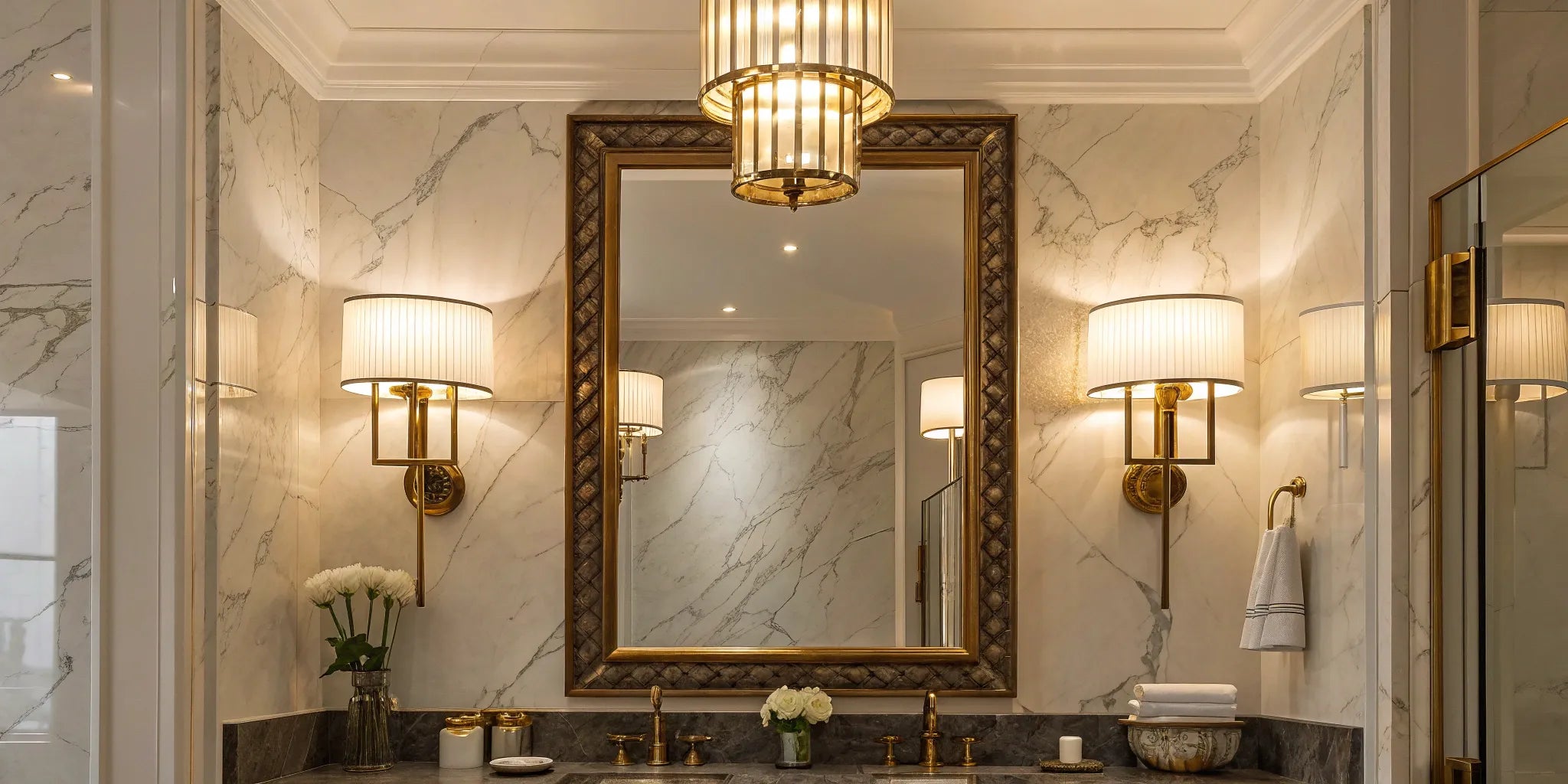 Gold wall lights brighten a marble bathroom.