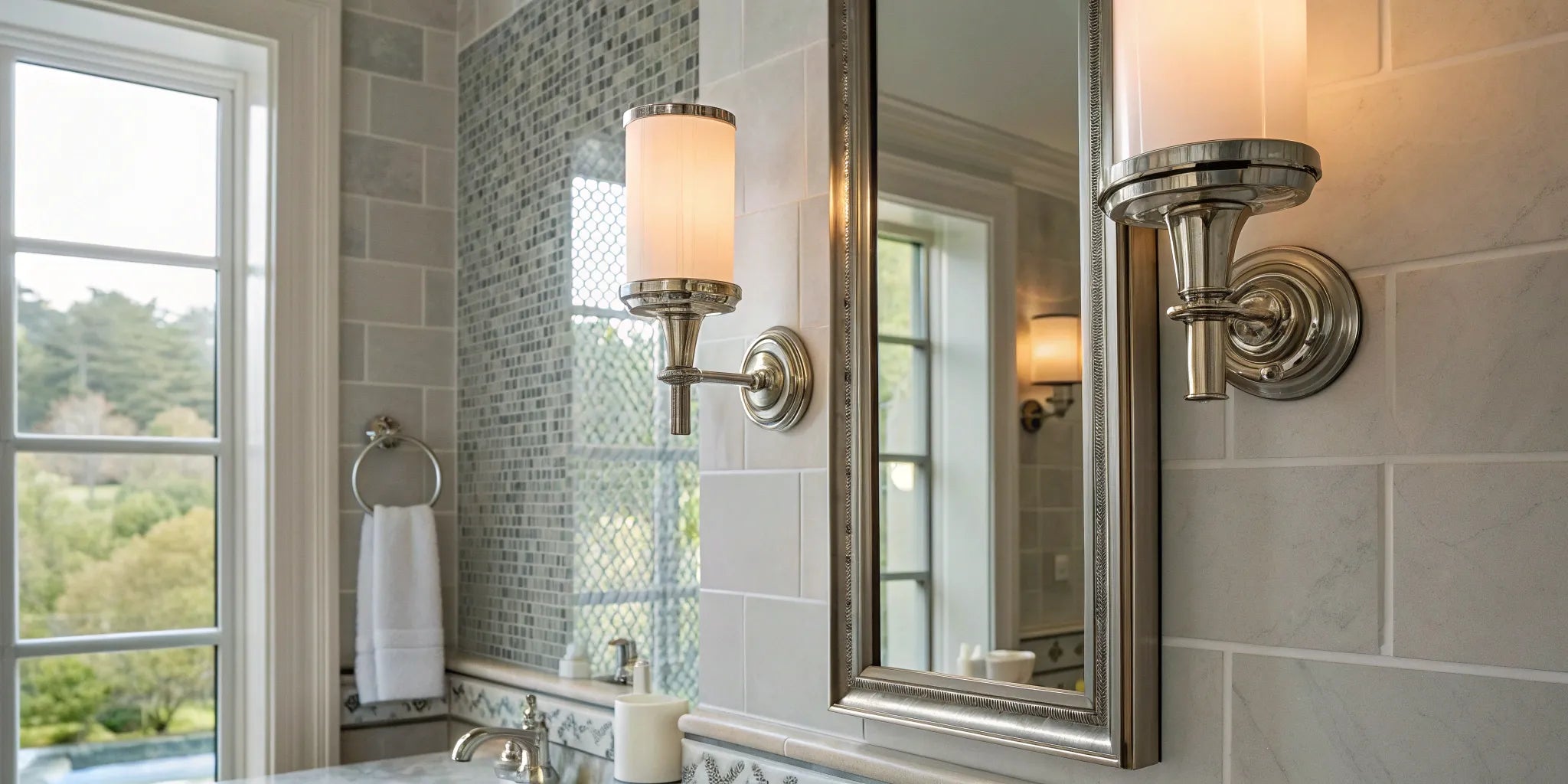 Bathroom vanity mirror flanked by polished wall sconces.