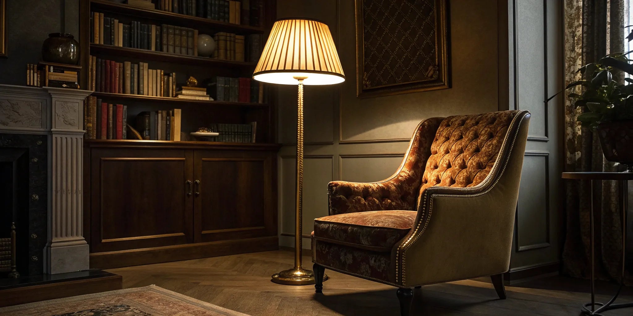 A battery operated floor lamp provides warm light in a cozy reading nook by an armchair.