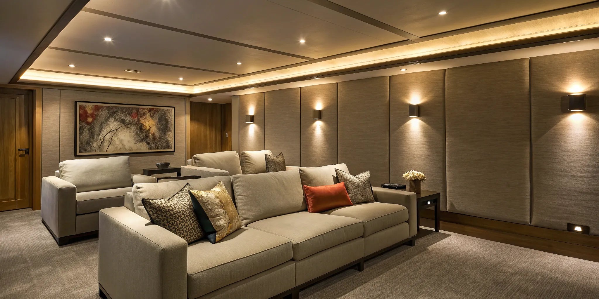 Battery recessed lighting creating a clean, wireless look in a modern living room.