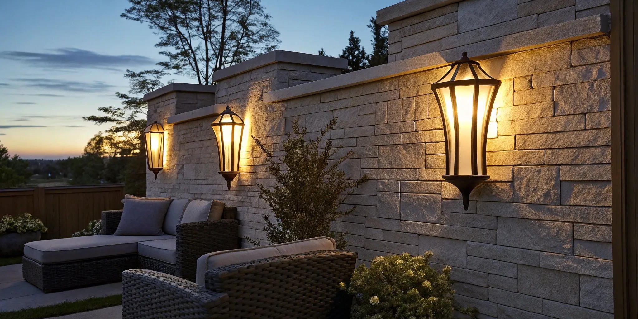 2 pack outdoor wall lights brighten a stone wall.