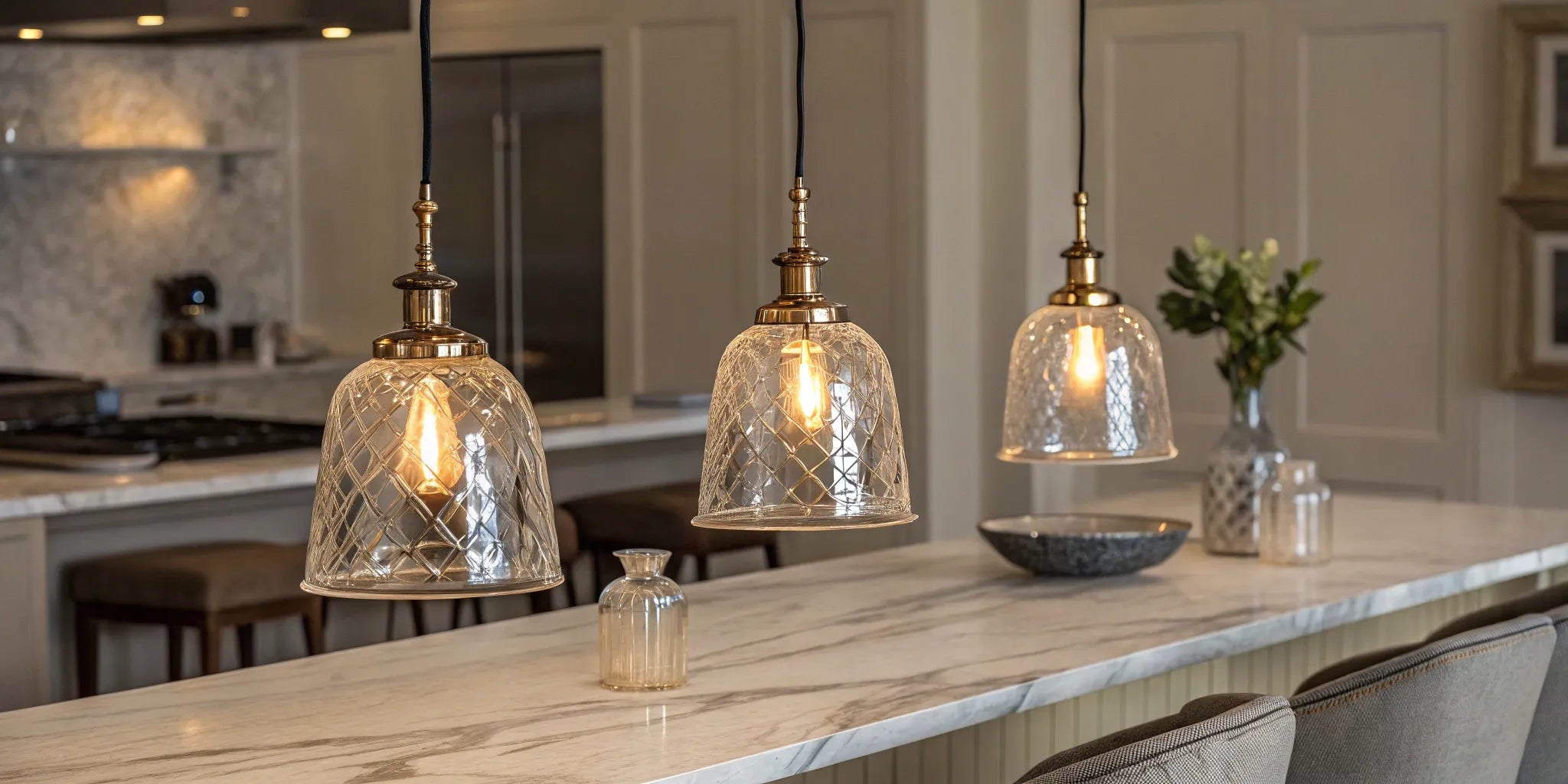 3-light mini pendant illuminating a kitchen island.
