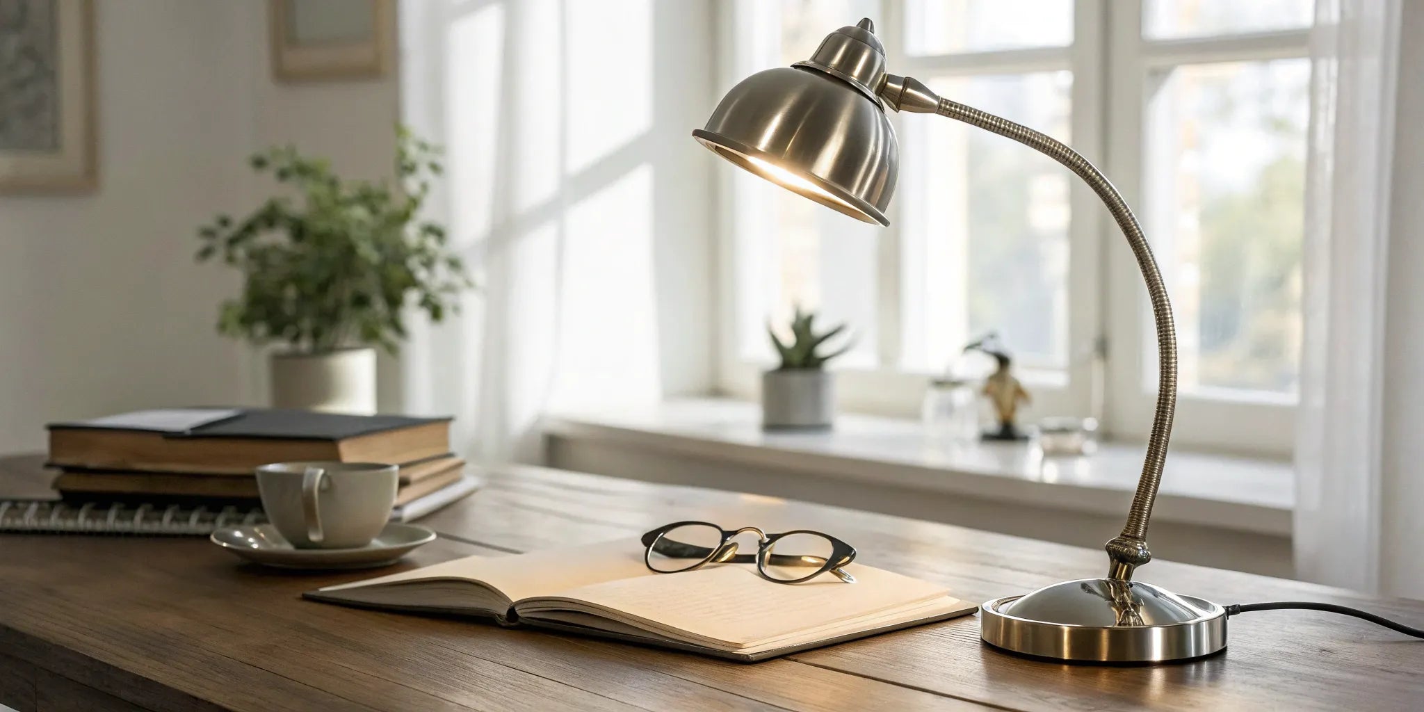 Adjustable desk lamp illuminating a workspace.