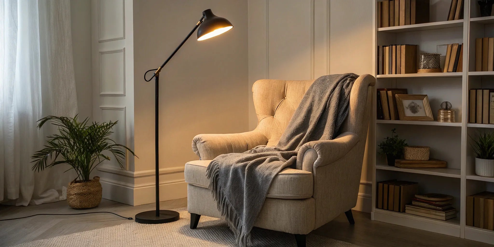 Adjustable floor lamp illuminating a beige armchair.