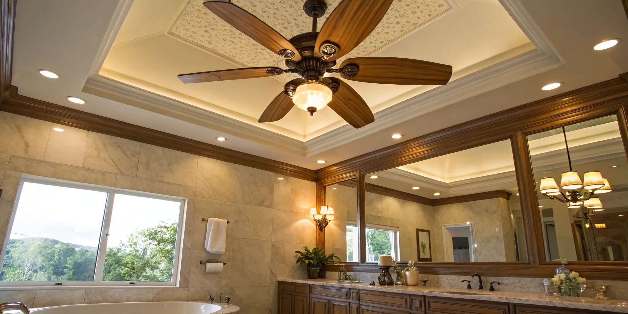 Bathroom ceiling fan with light and wood blades.
