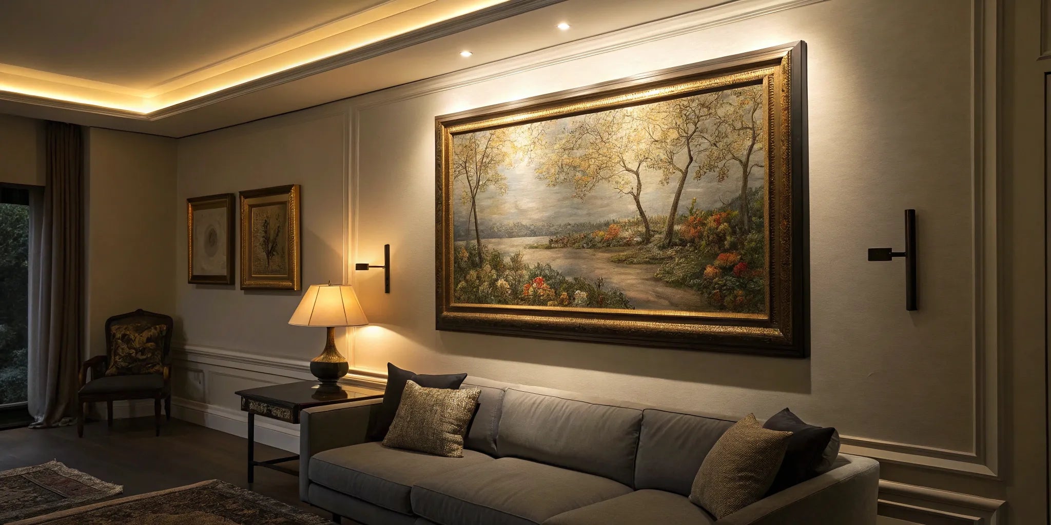 Battery-powered LED picture light illuminating artwork.