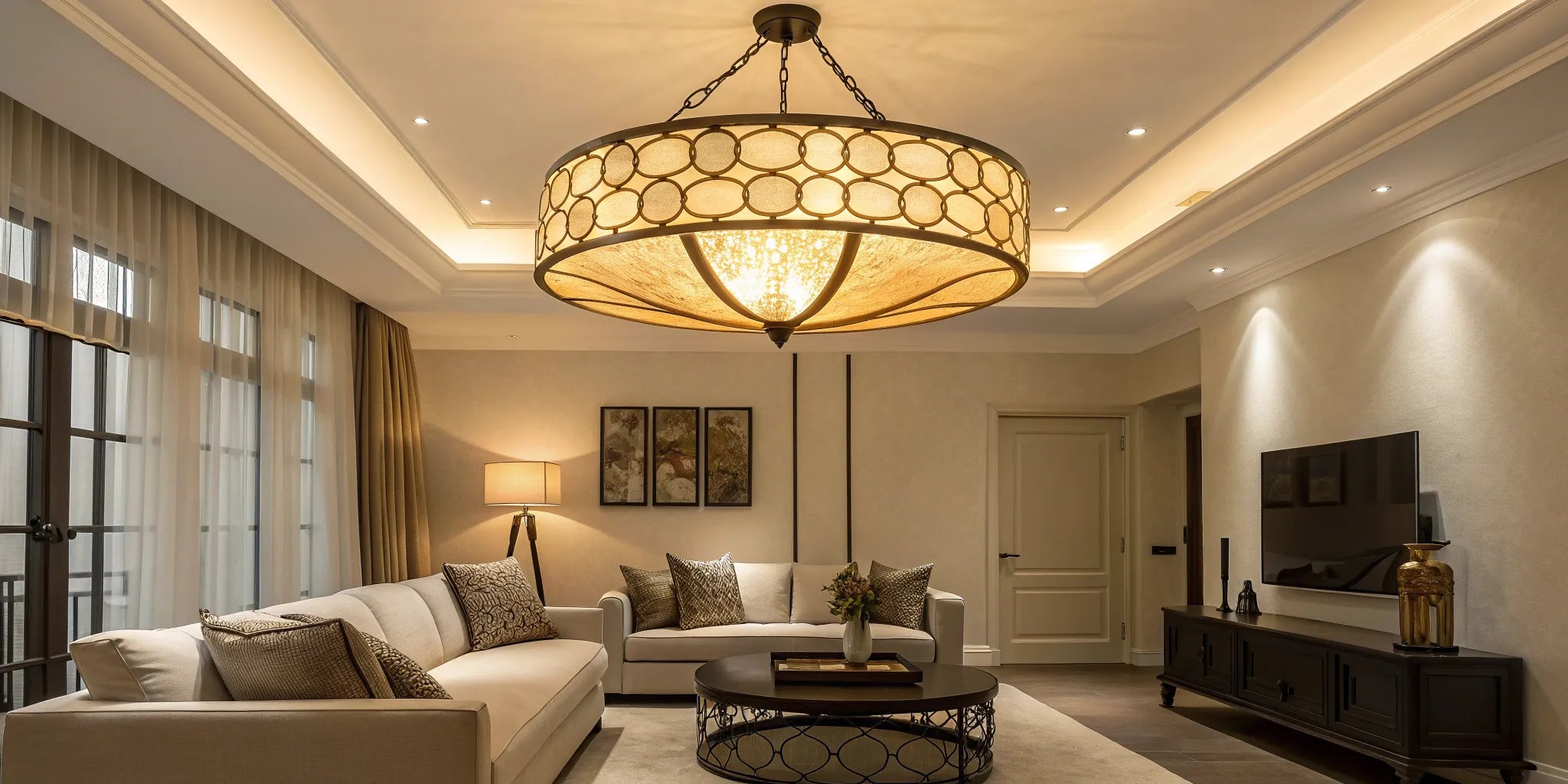 Battery-operated ceiling lamp illuminating a room.