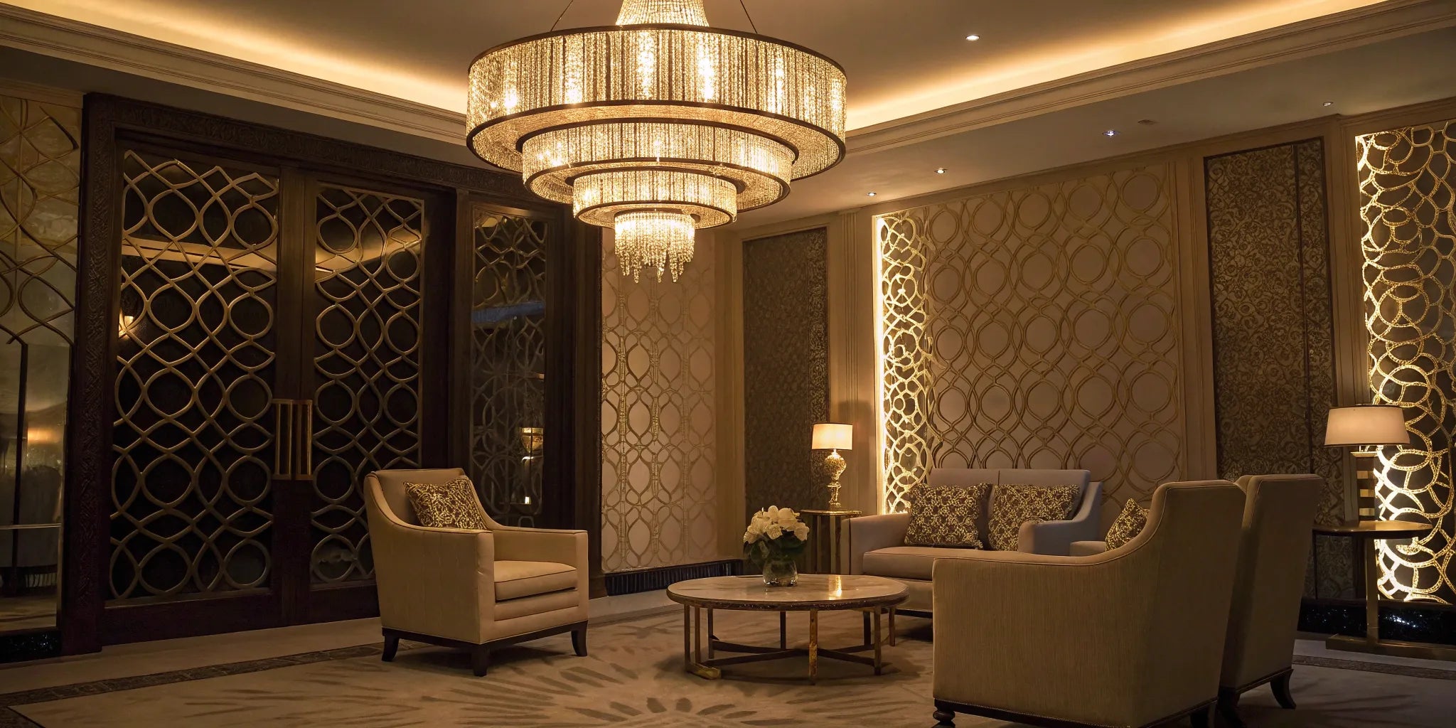 Battery-operated chandelier illuminating a stylish living room.
