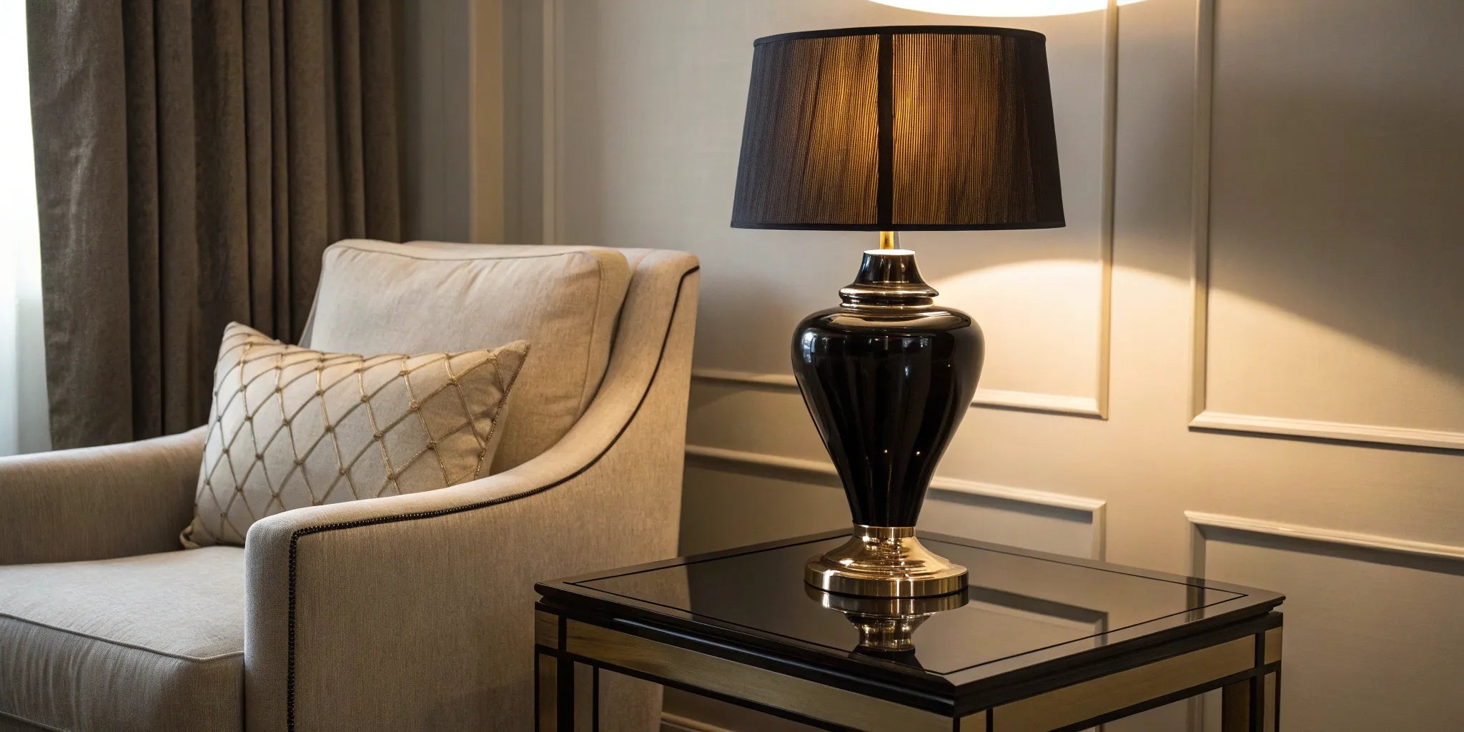 Stylish black table lamp on a side table.
