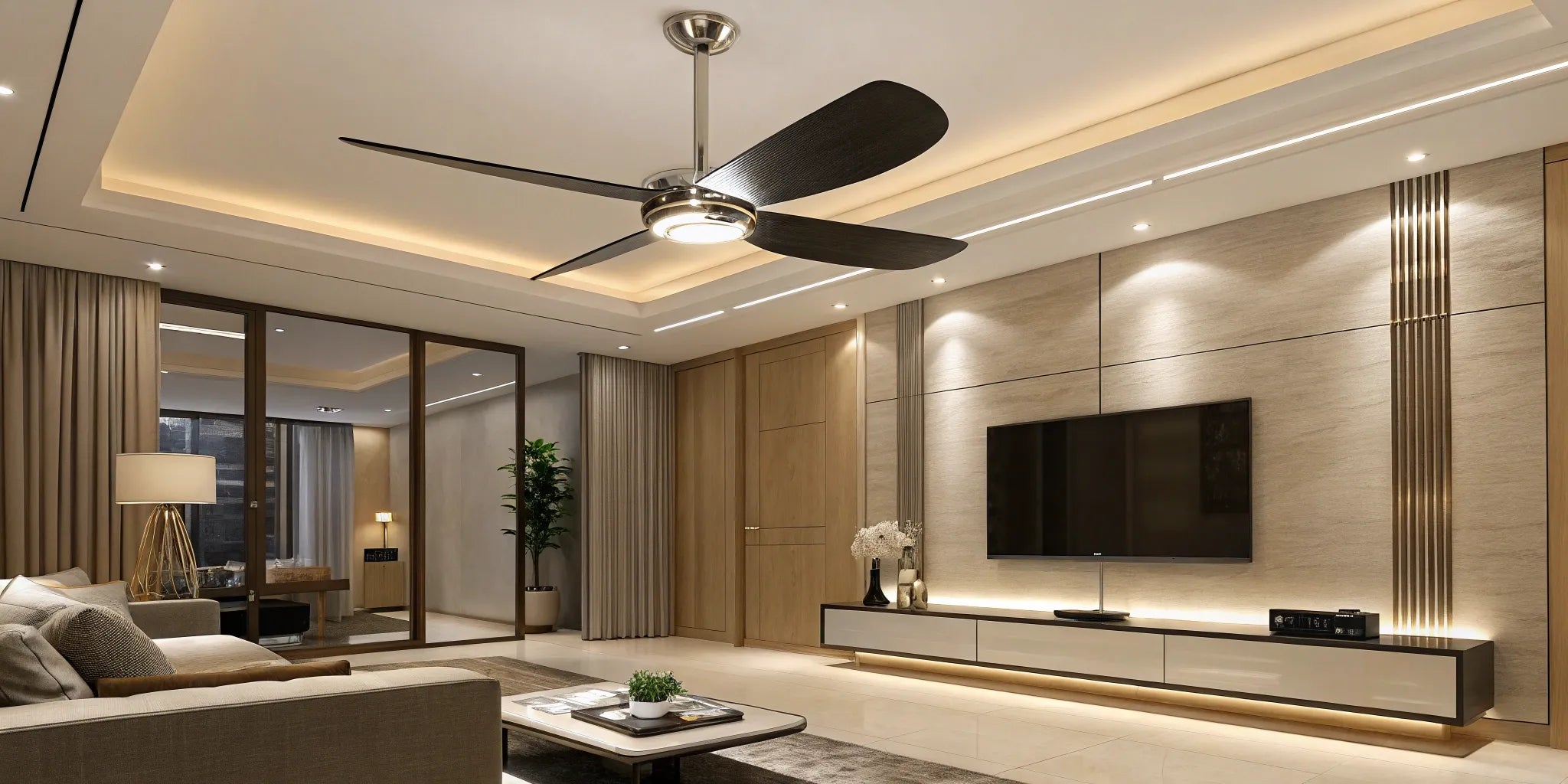 Ceiling fan with light and remote control.